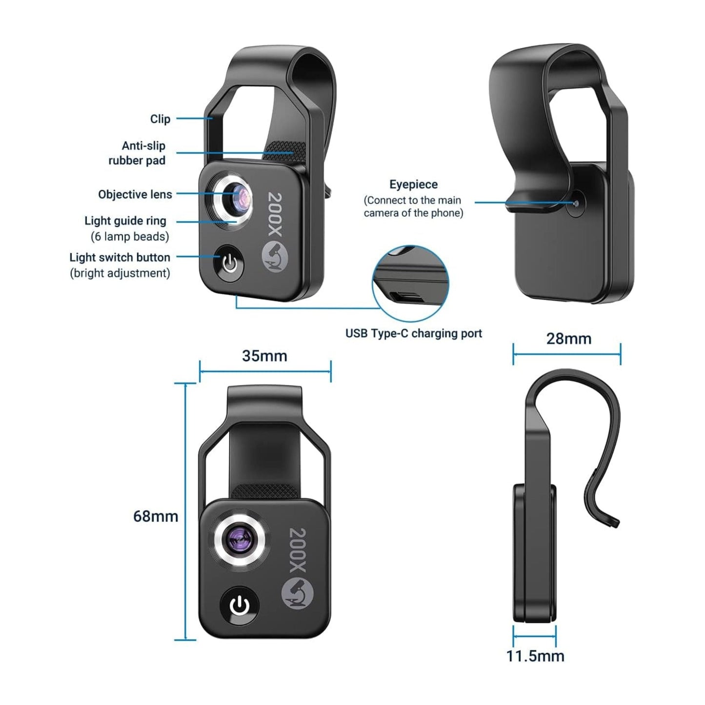 APEXEL 200X Smartphone Microscope Lens With CPL - Black