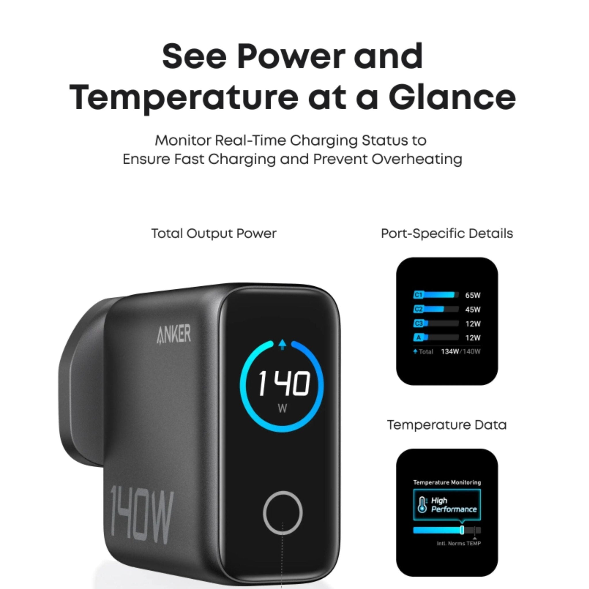 Anker 140W 3-Port Type-C Wall Charger with USB-C to Type-C Cable - Black