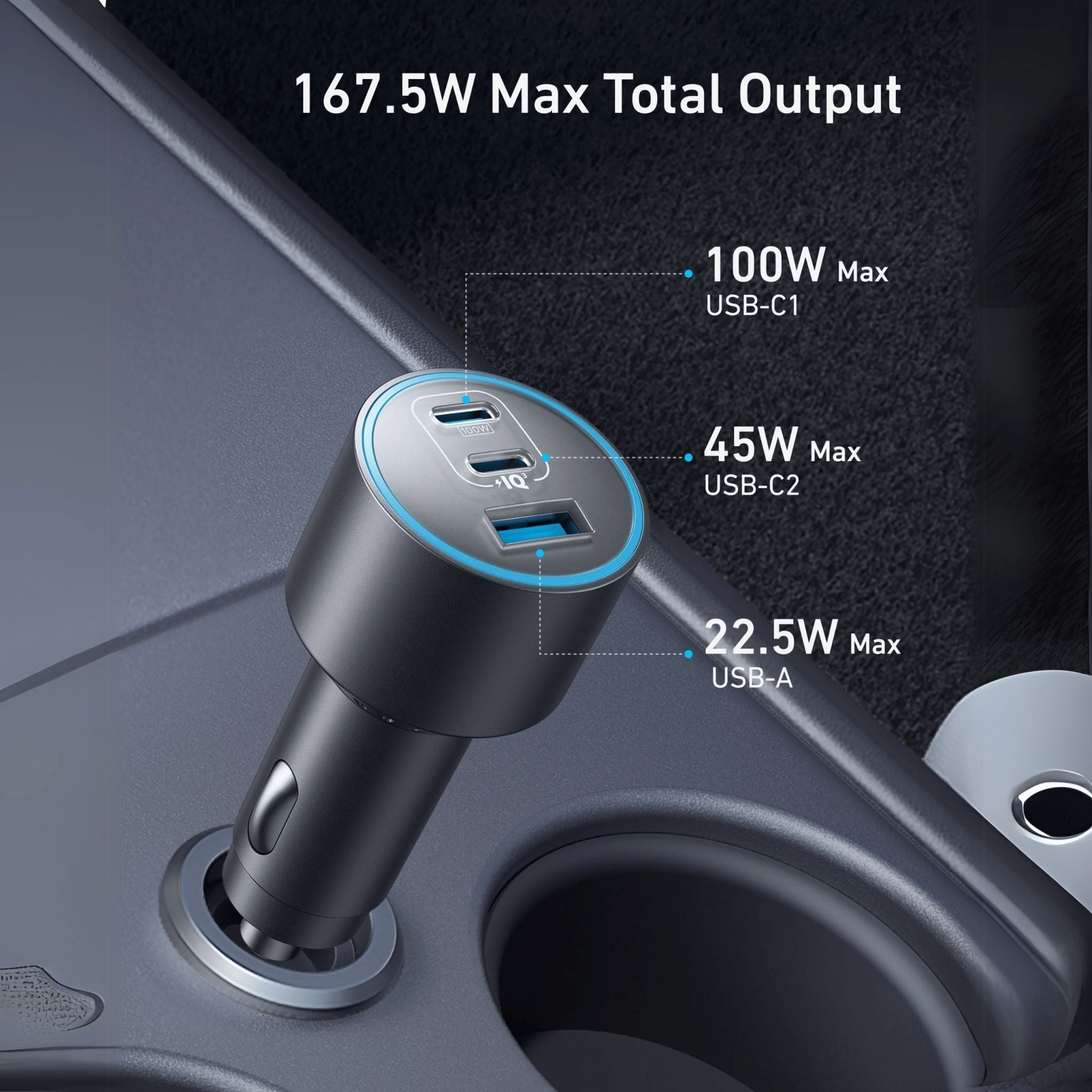 Anker 167.5 W,3 PORTS Nano Car Charger 3.3 ft USB-C Cable - Black