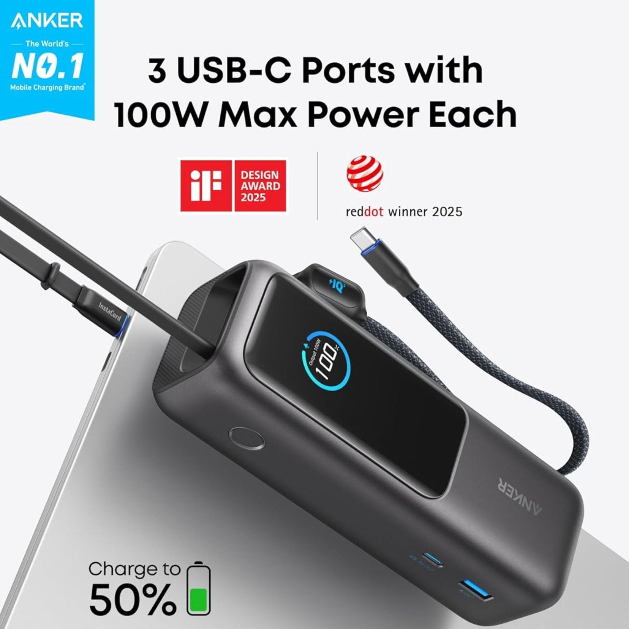 Anker 2-Port 165W 25,000mAh Ultra-Fast Charging Power Bank with Built-In and Retractable Type-C Cable - Black