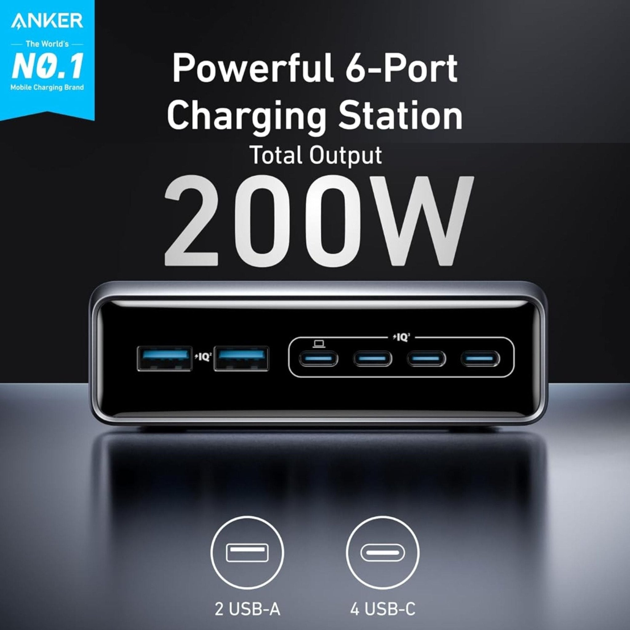 Anker 200W Multi-Port Desktop Charging Station 6 Port, GaN - Black