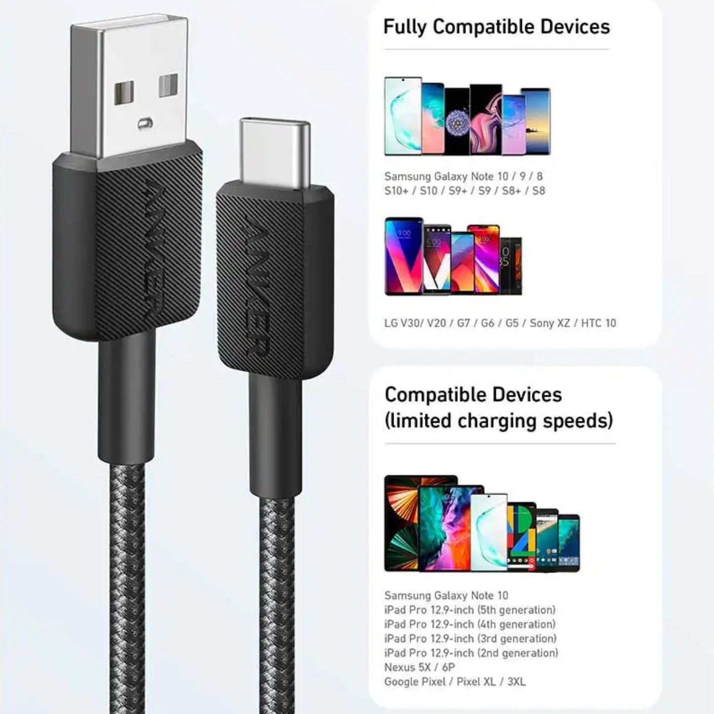 Anker 322 Braided USB-A to USB-C Cable 10ft - Black
