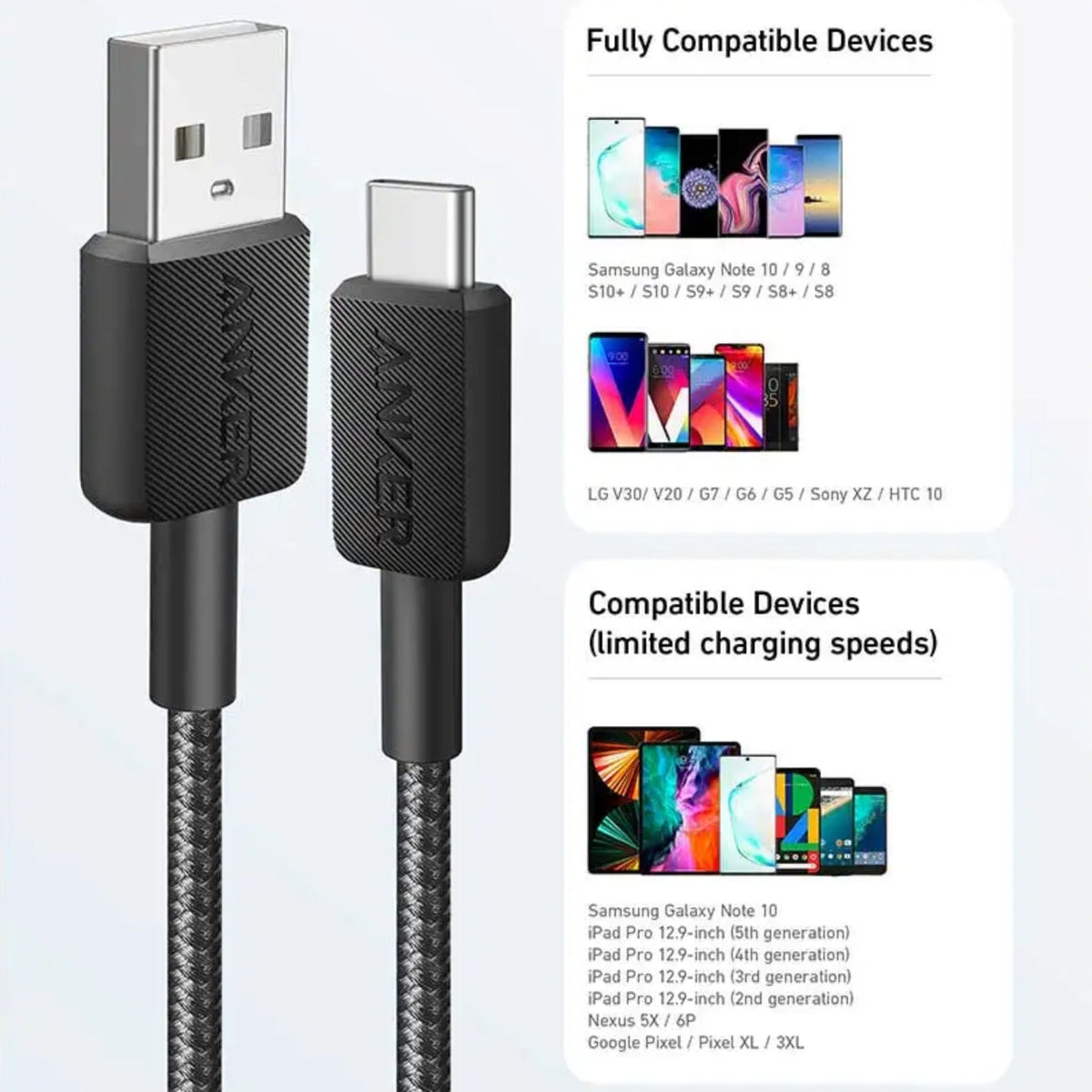 Anker 322 Braided USB-A to USB-C Cable 10ft - Black