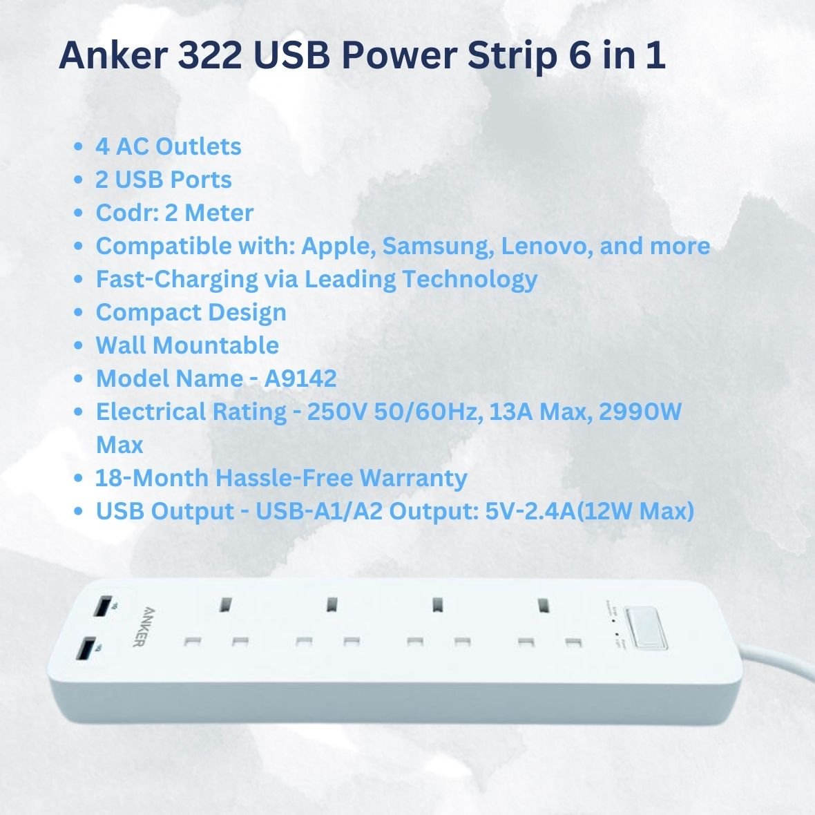 Anker 322 USB Power Strip 6 in 1 A9142K21 - White