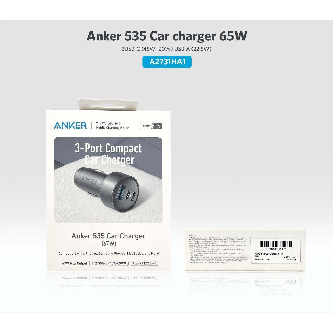 Anker 535 Car Charger 67W With 1 USB & 2 Type-C Ports - Silver