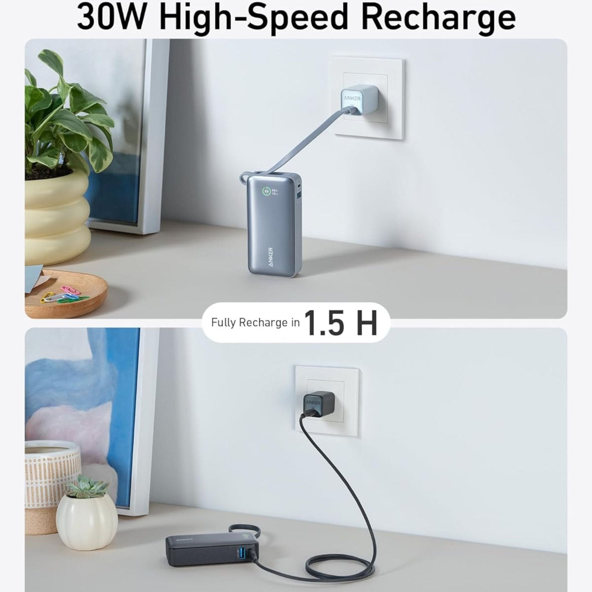 Anker Nano Power Bank 10,000mAh, Intelligent Display (30W, Built-In USB-C Cable)
