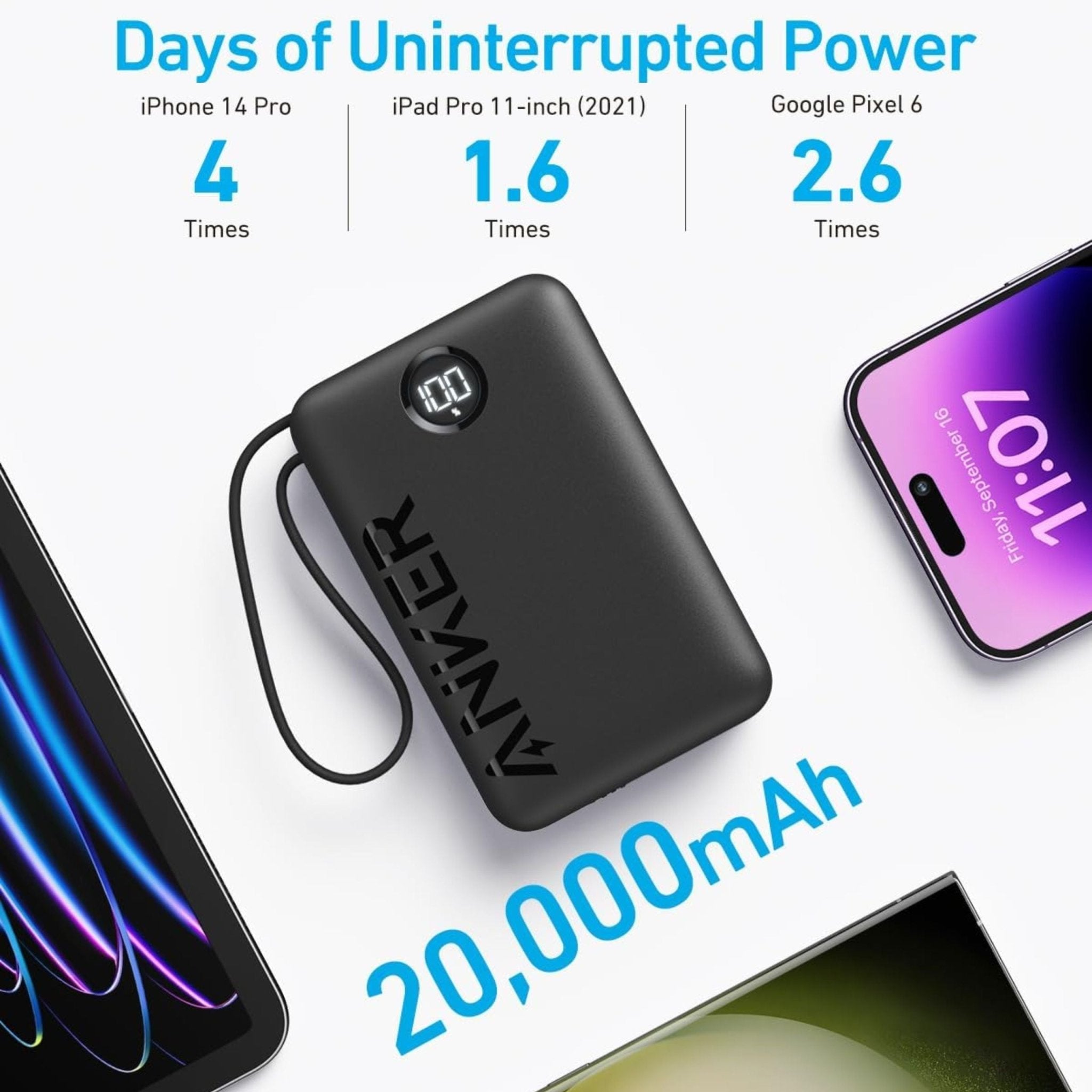 Anker Nano Power Bank 20,000mAh, Intelligent Display (22.5W, Built-In USB-C Cable) - Black