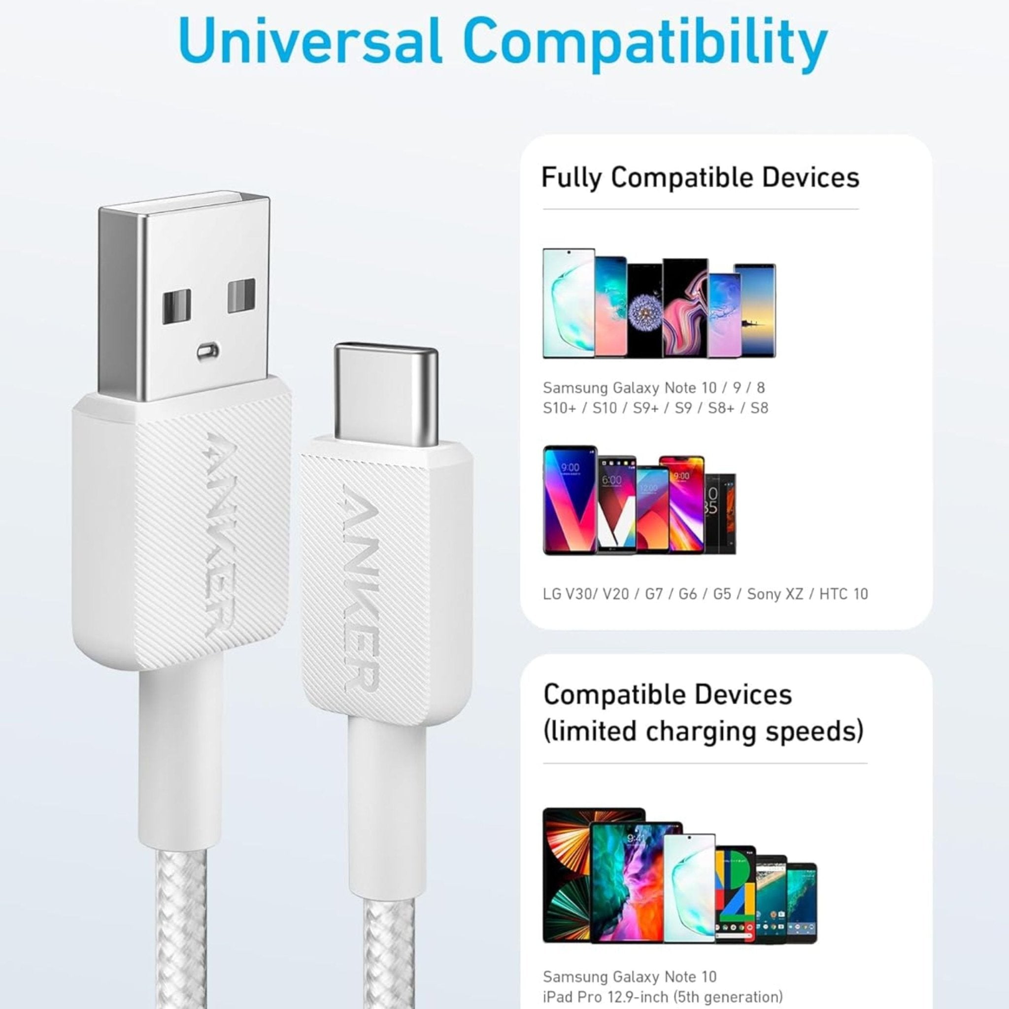 Anker USB-A to USB-C Cable 6ft (1.8m) Braided - White