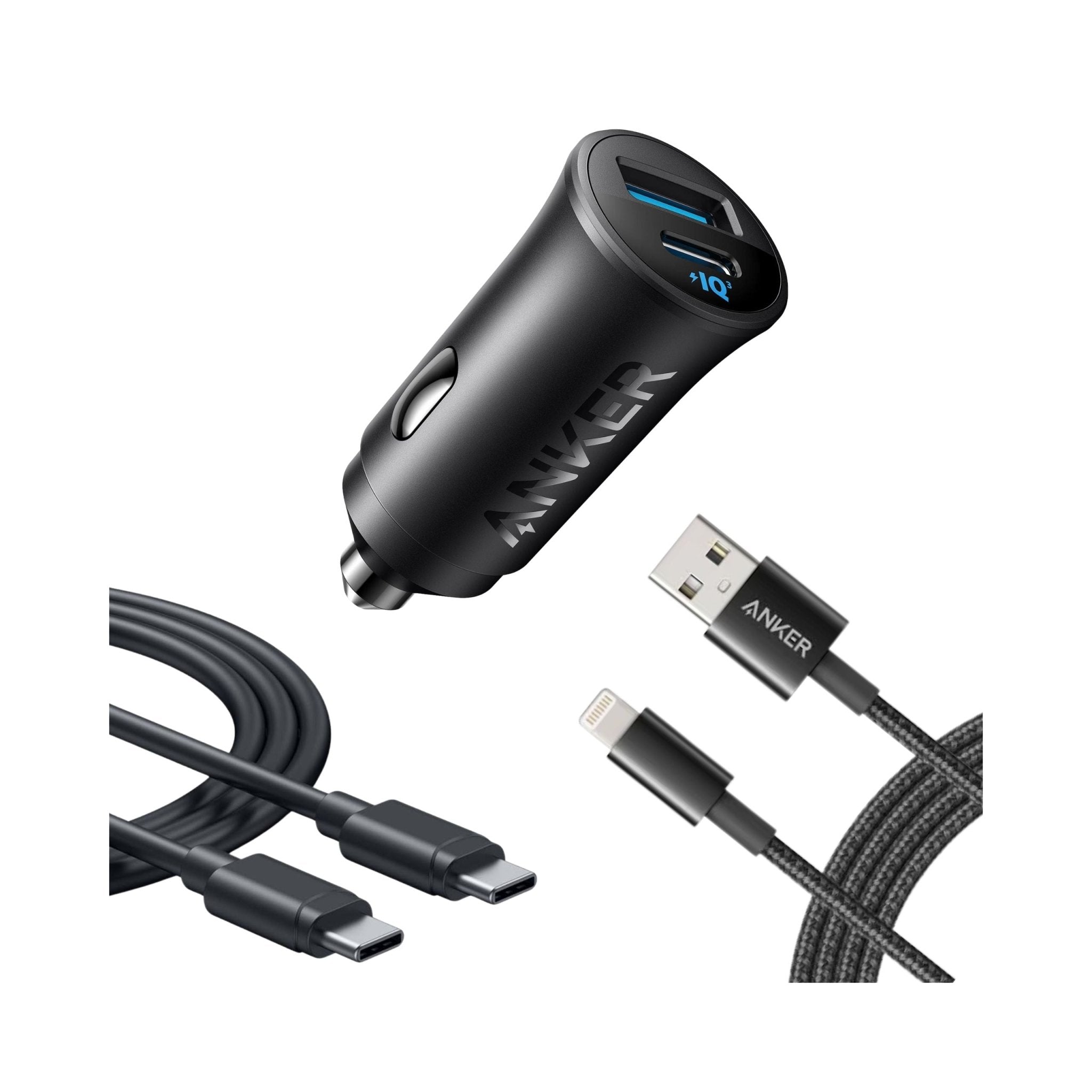 Anker Ultra-Compact 30W Car Charger with Type-C - Type-C and USB - Lightning Cables - Black