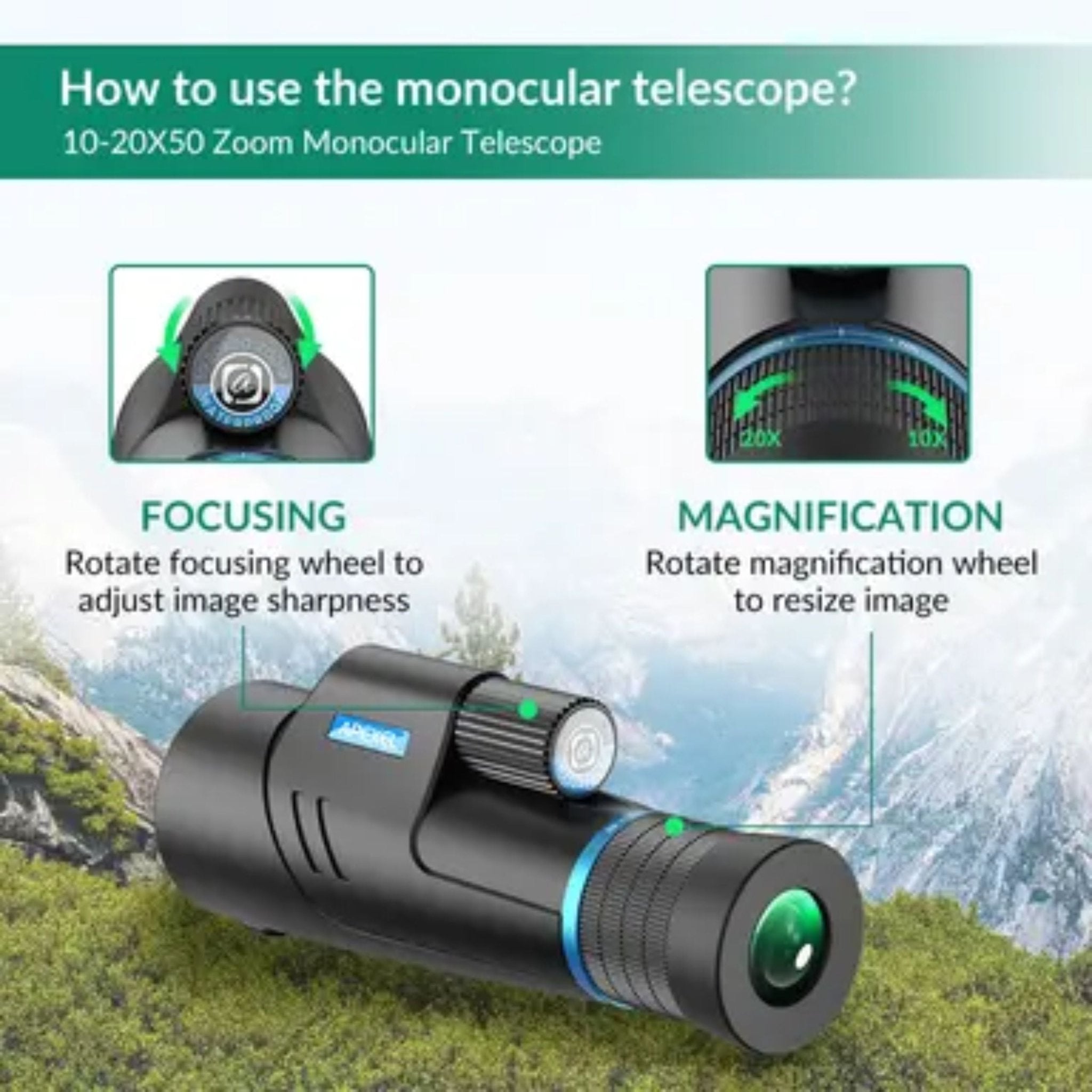 Apexel 10X-20X50 Zoom Monocular - Black
