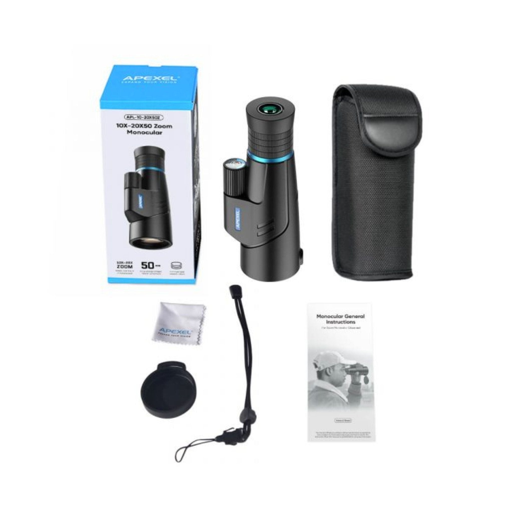 Apexel 10X-20X50 Zoom Monocular - Black
