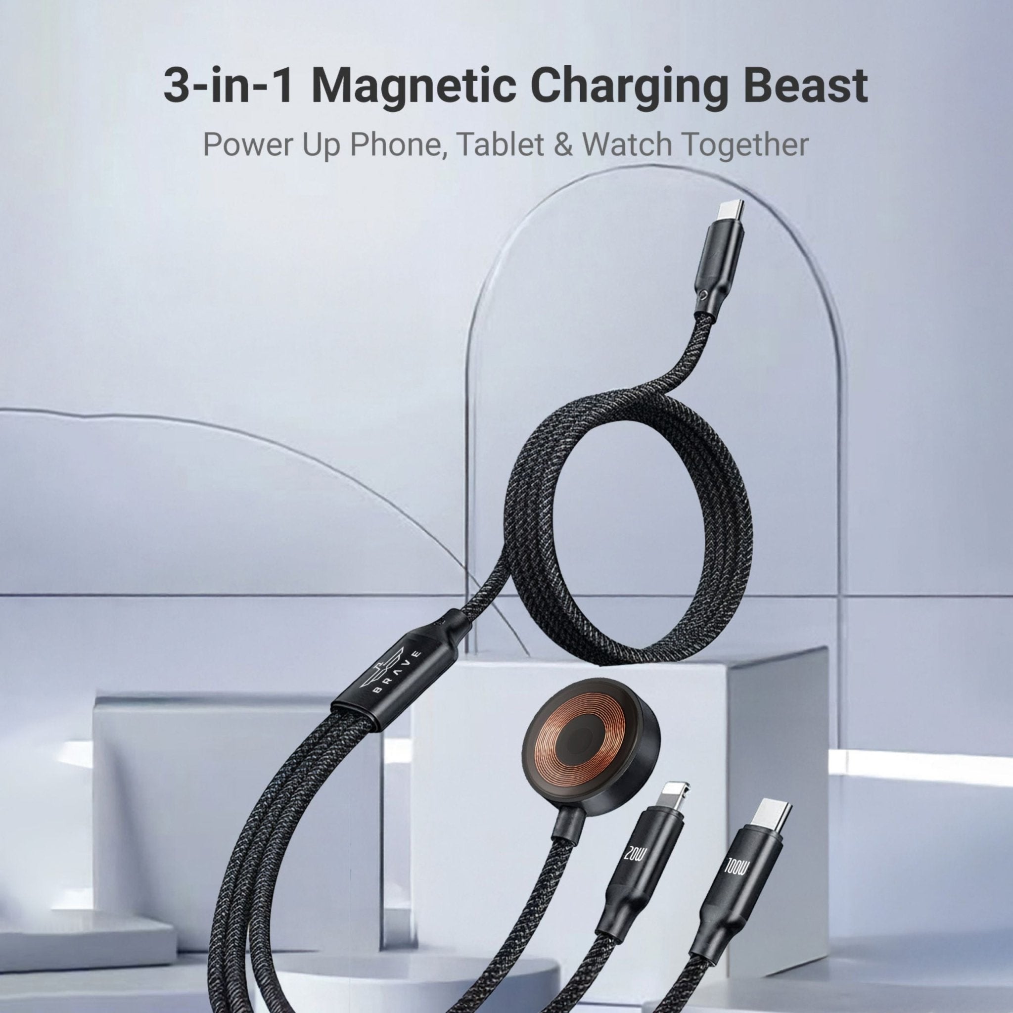 Brave BDC-53 Trivolt 3-in-1 Fast Charging Cable 100W, USB-C to USB-C, 20W Lightning & 2.5W Apple Watch Magnetic Charger - Black