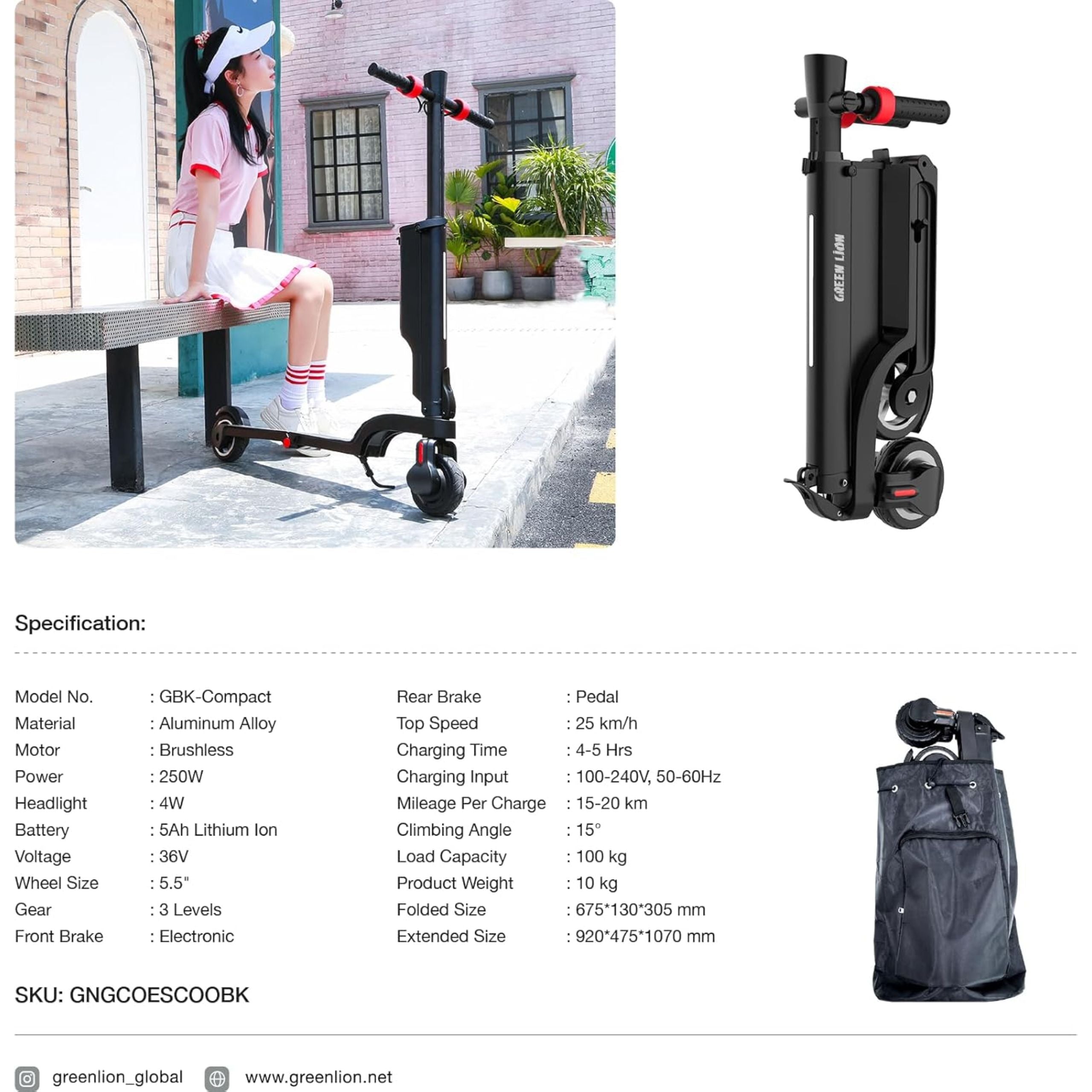 Green Lion GBK-Compact Foldable E-Scooter 3-Mode Gear - Black