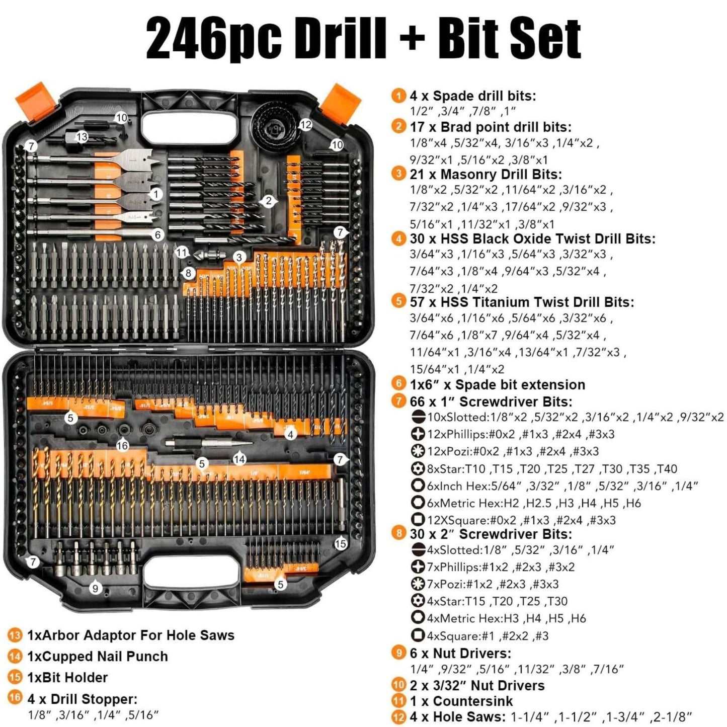 Electric 21V Powerful Cordless Drill Set with 2 Batteries & 246-Pieces Drill Set