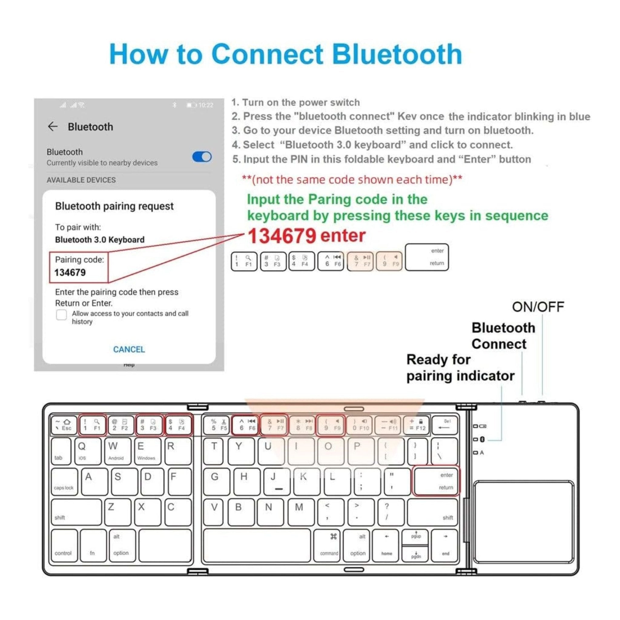 Foldable Bluetooth Keyboard With Touchpad B033 - Black