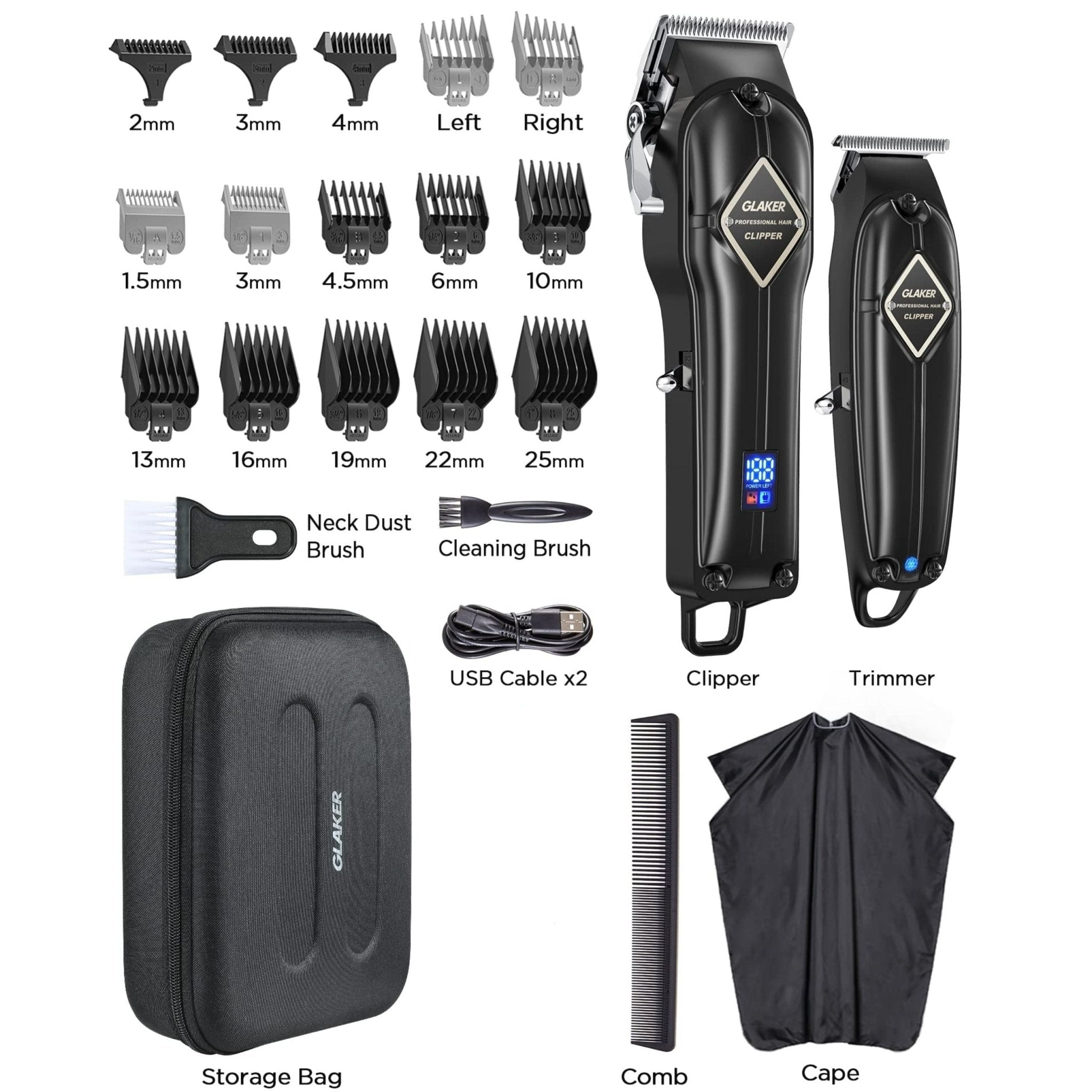 Glaker Professional Hair Clipper and Outline Trimmer Kit K11S + I3F - Black