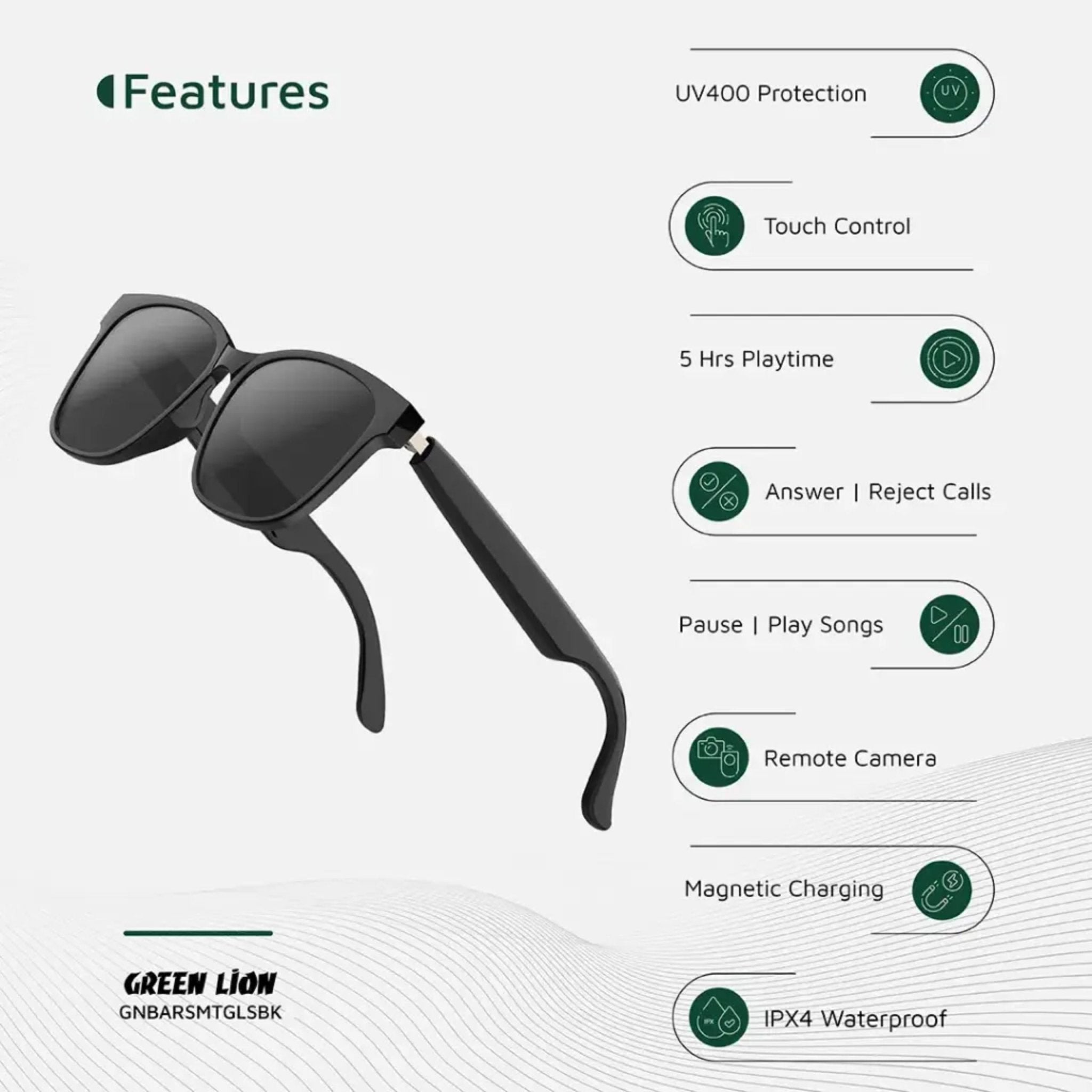 Green Lion Barcelona UV400 Protection Smart Glasses - Black