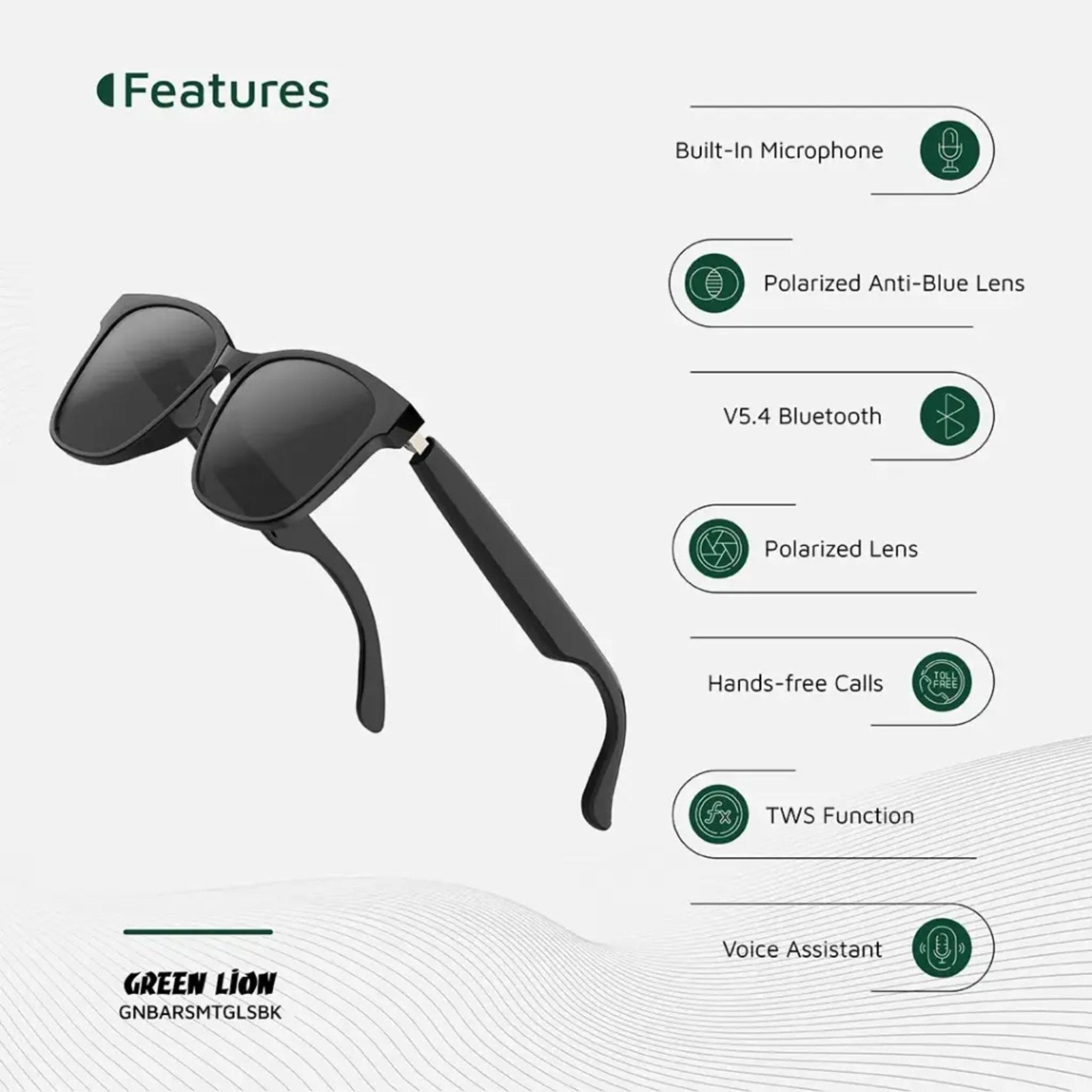 Green Lion Barcelona UV400 Protection Smart Glasses - Black