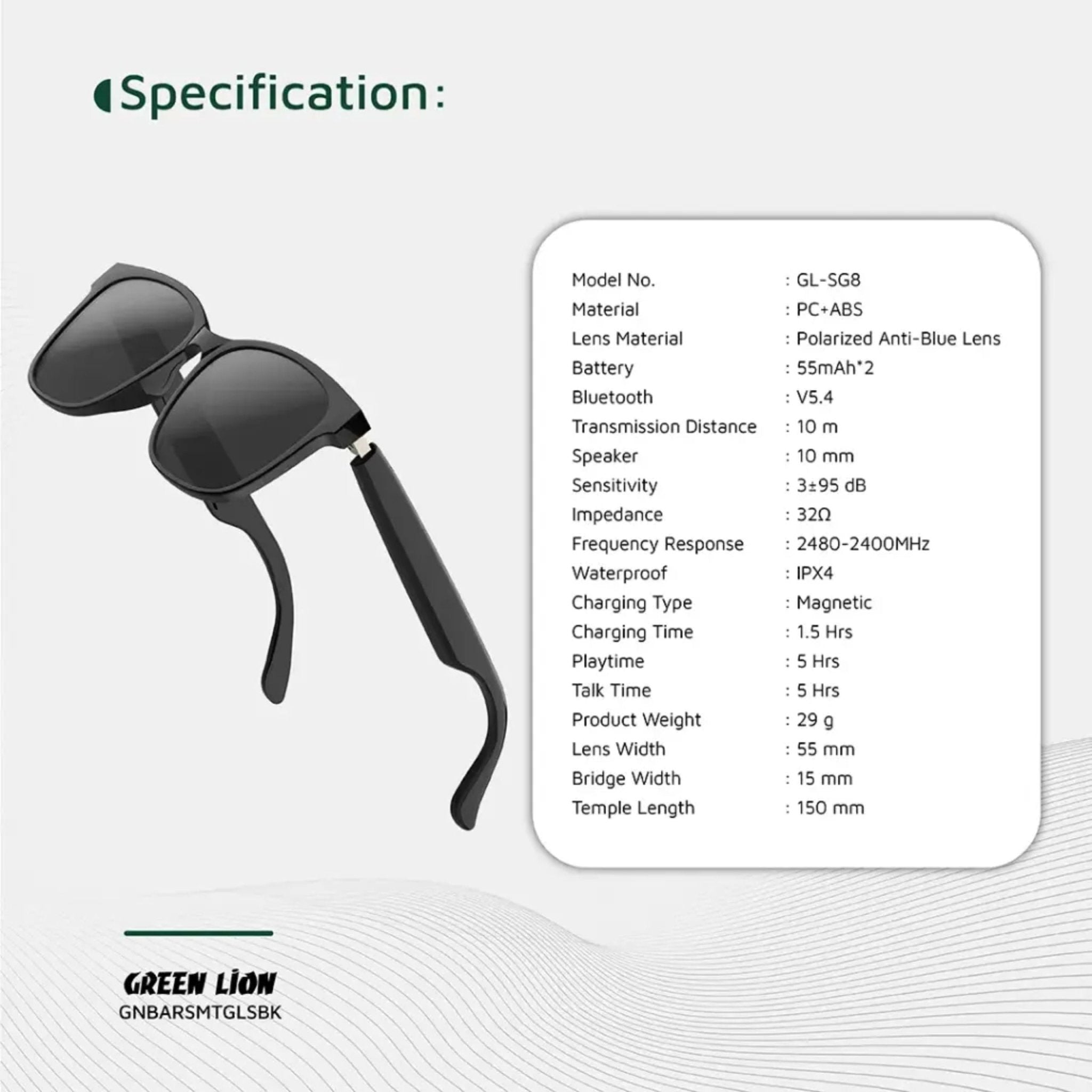 Green Lion Barcelona UV400 Protection Smart Glasses - Black
