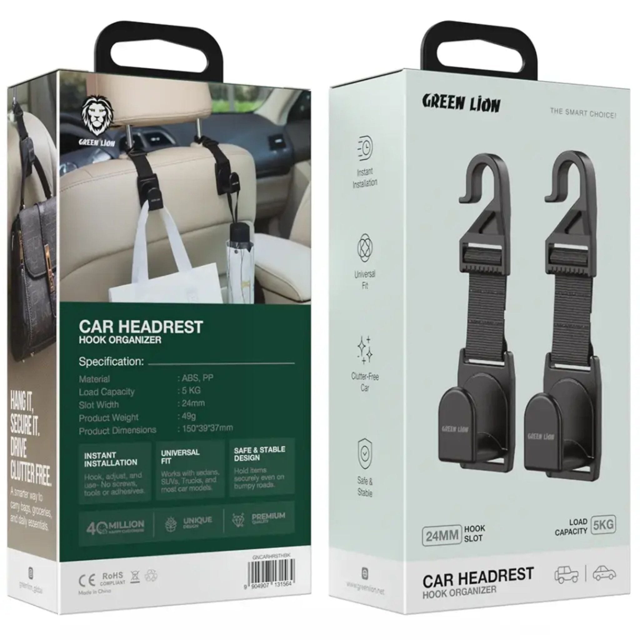 Green Lion Car Headrest Hook Organizer - Black