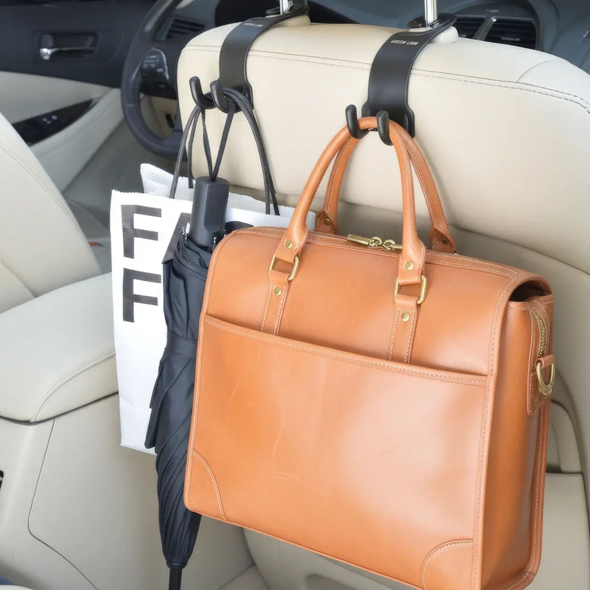 Green Lion Dual Hook Car Headrest Organizer - Black