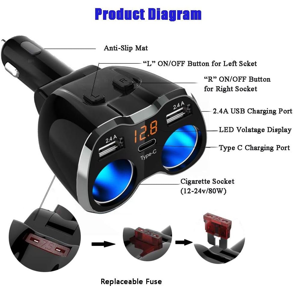 Green Lion Multi-Port Car Charger Adapter 120W - Black