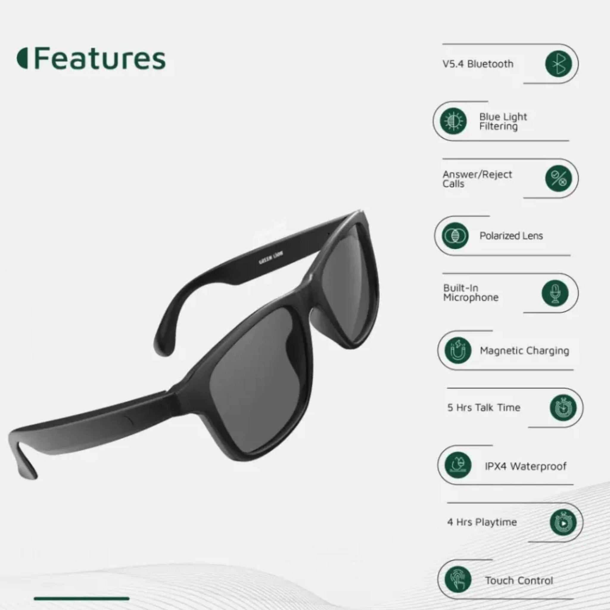 Green Lion Sydney UV400 Protection Smart Glasses - Black