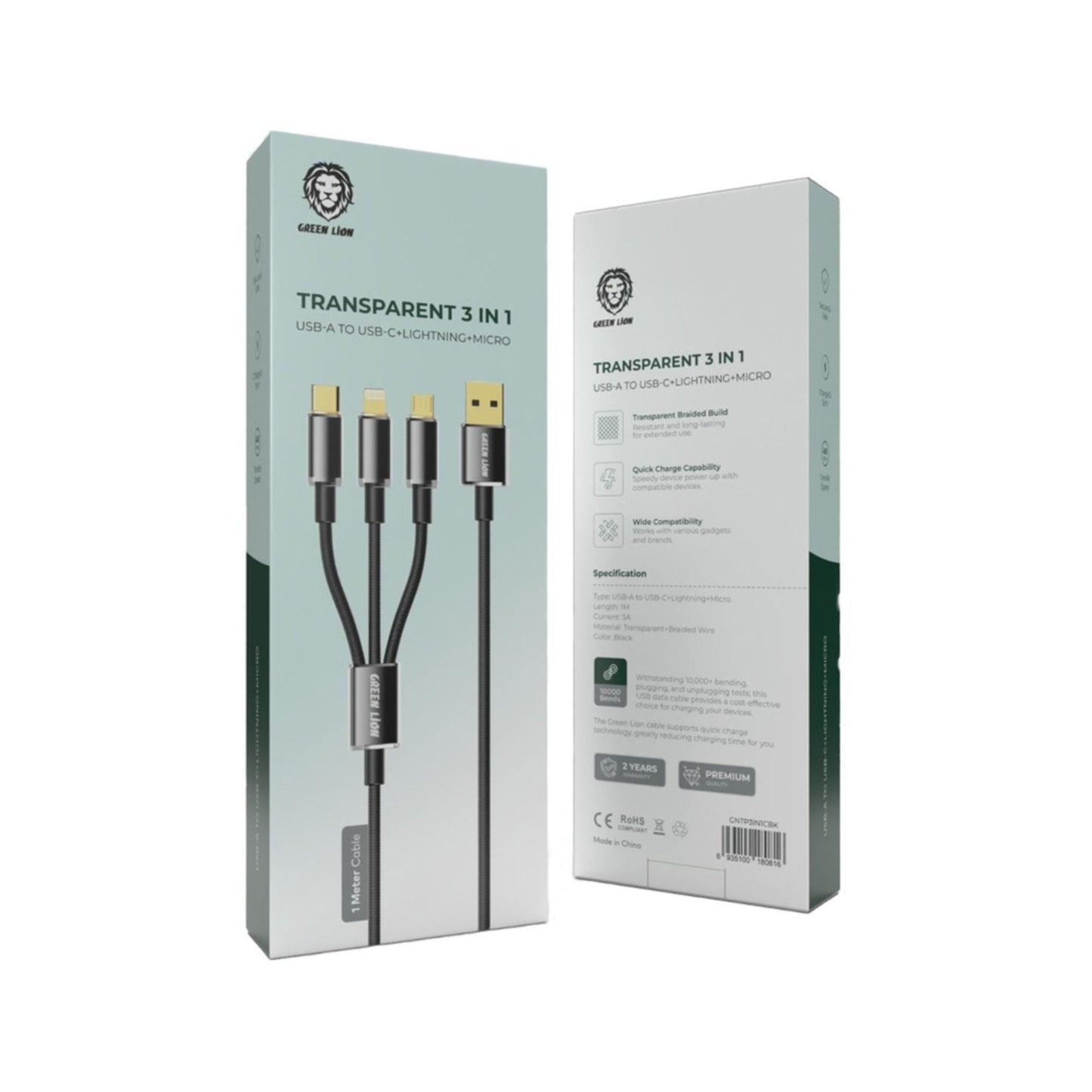 Green Lion Transparent 3 in 1 Braided Cable (USB-C / Lightning / Micro) 1M - Black