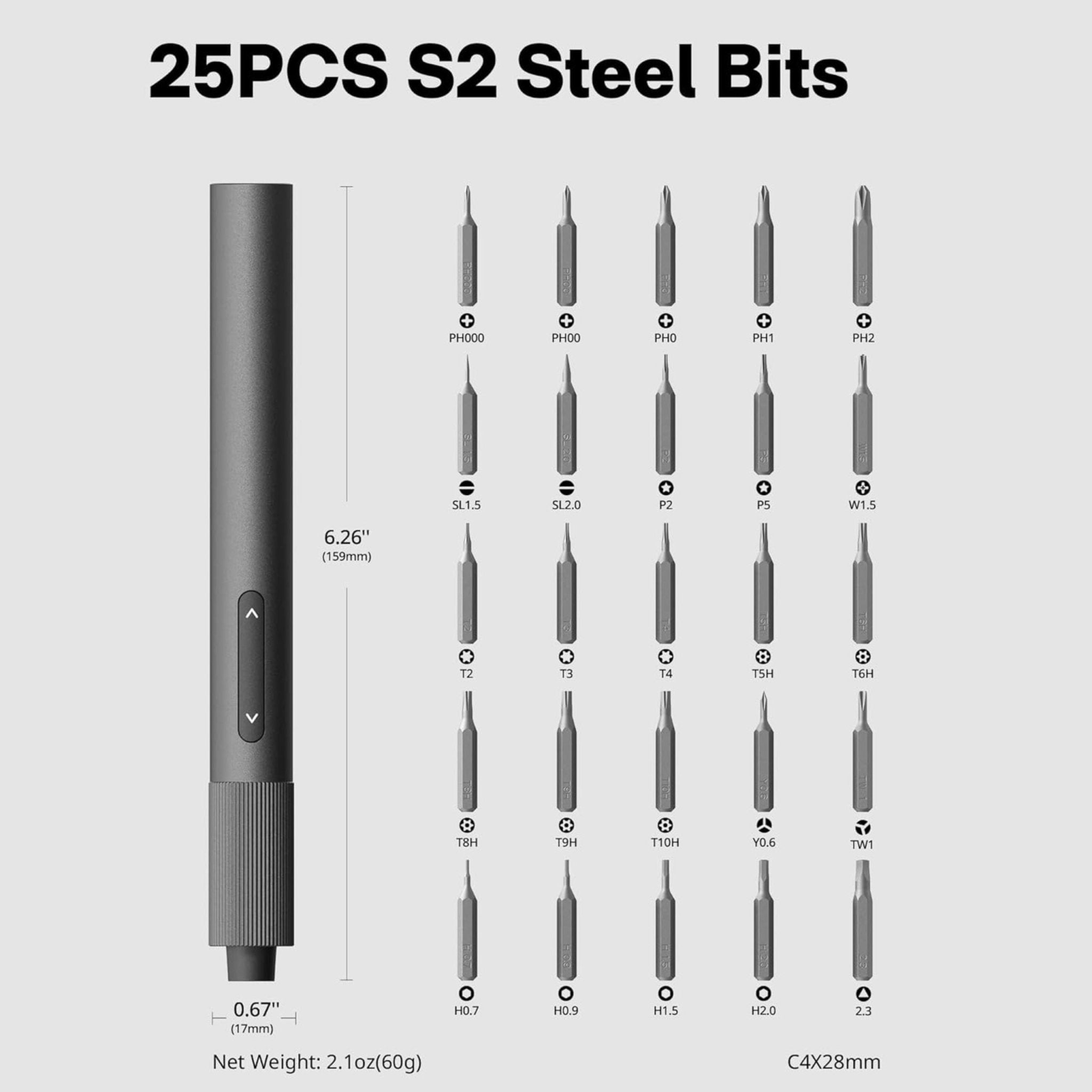 HOTO Electric Precision Screwdriver + 25 Bit Set - Grey