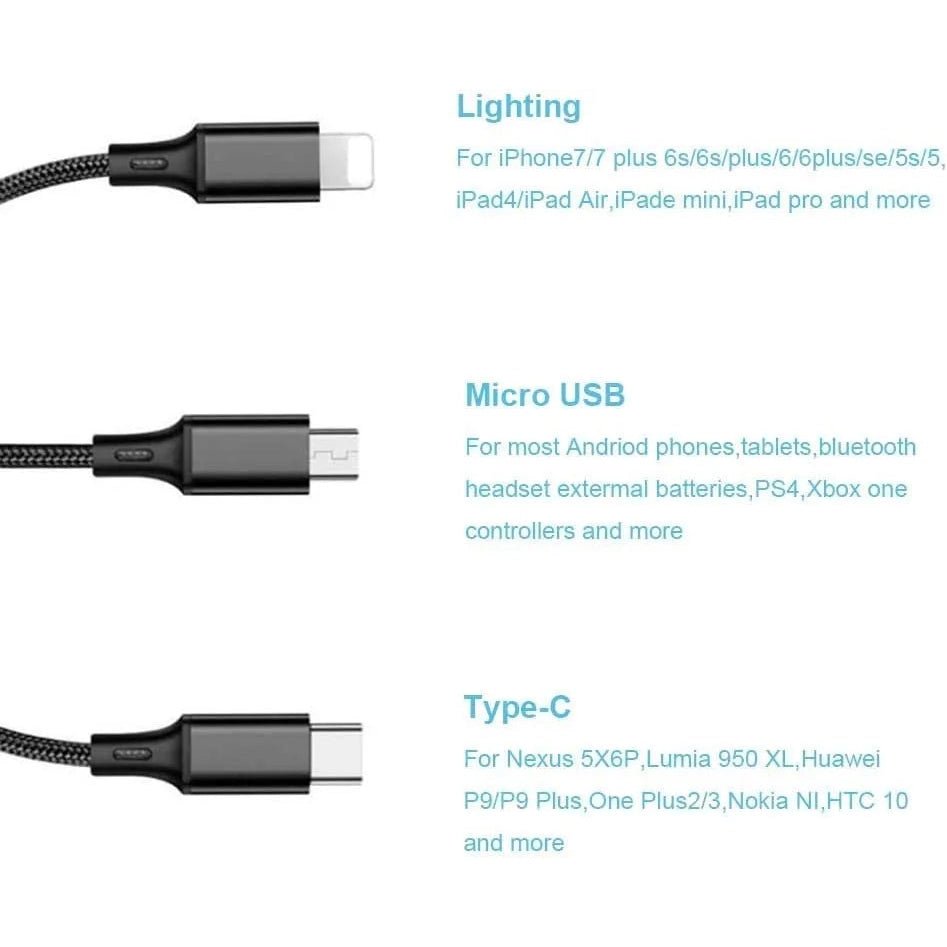 IQ TOUCH 3 in1 3.1A Fast Charge USB Cable 1.2M - Black