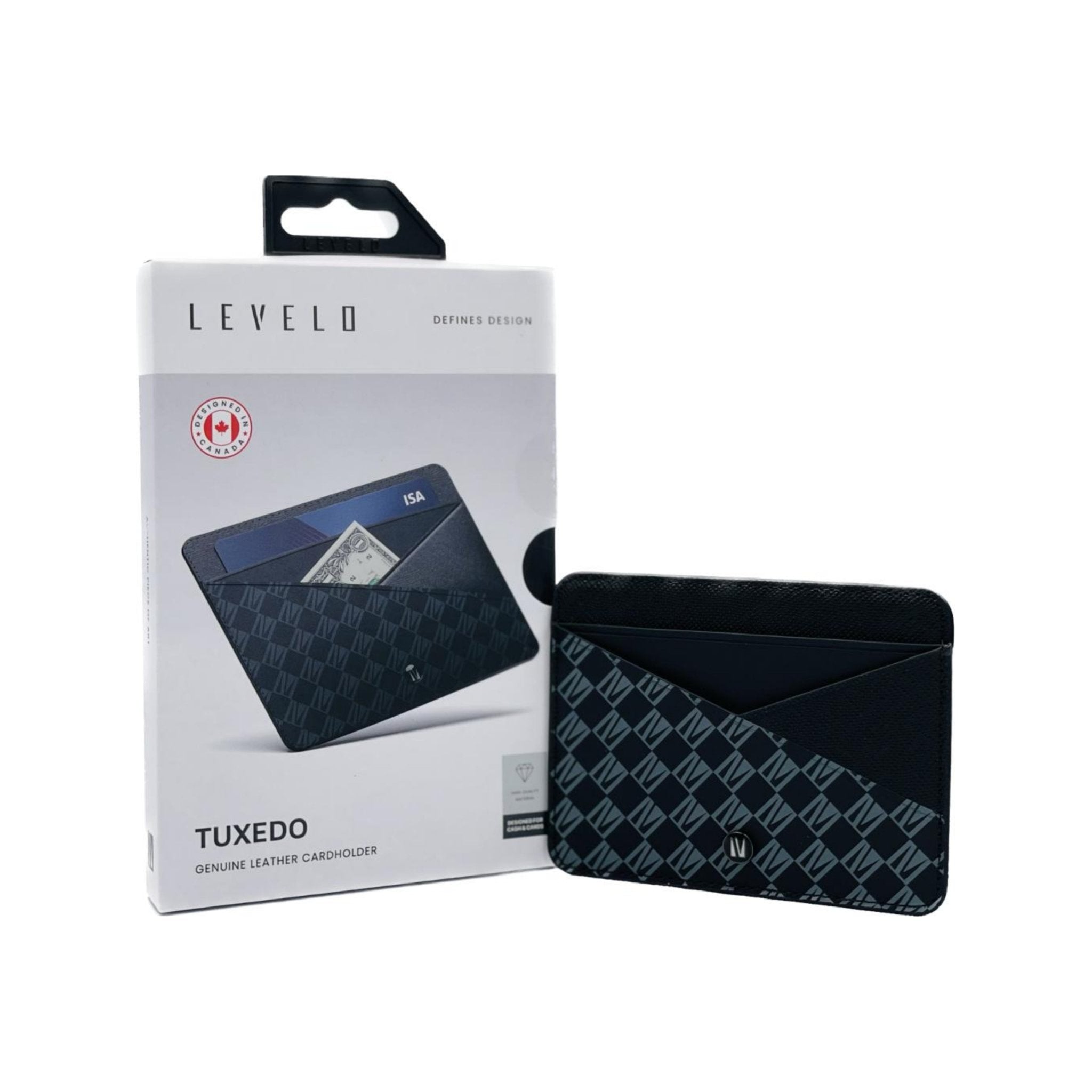 LEVELO Tuxedo Genuine Leather Cardholder Wallet - Black