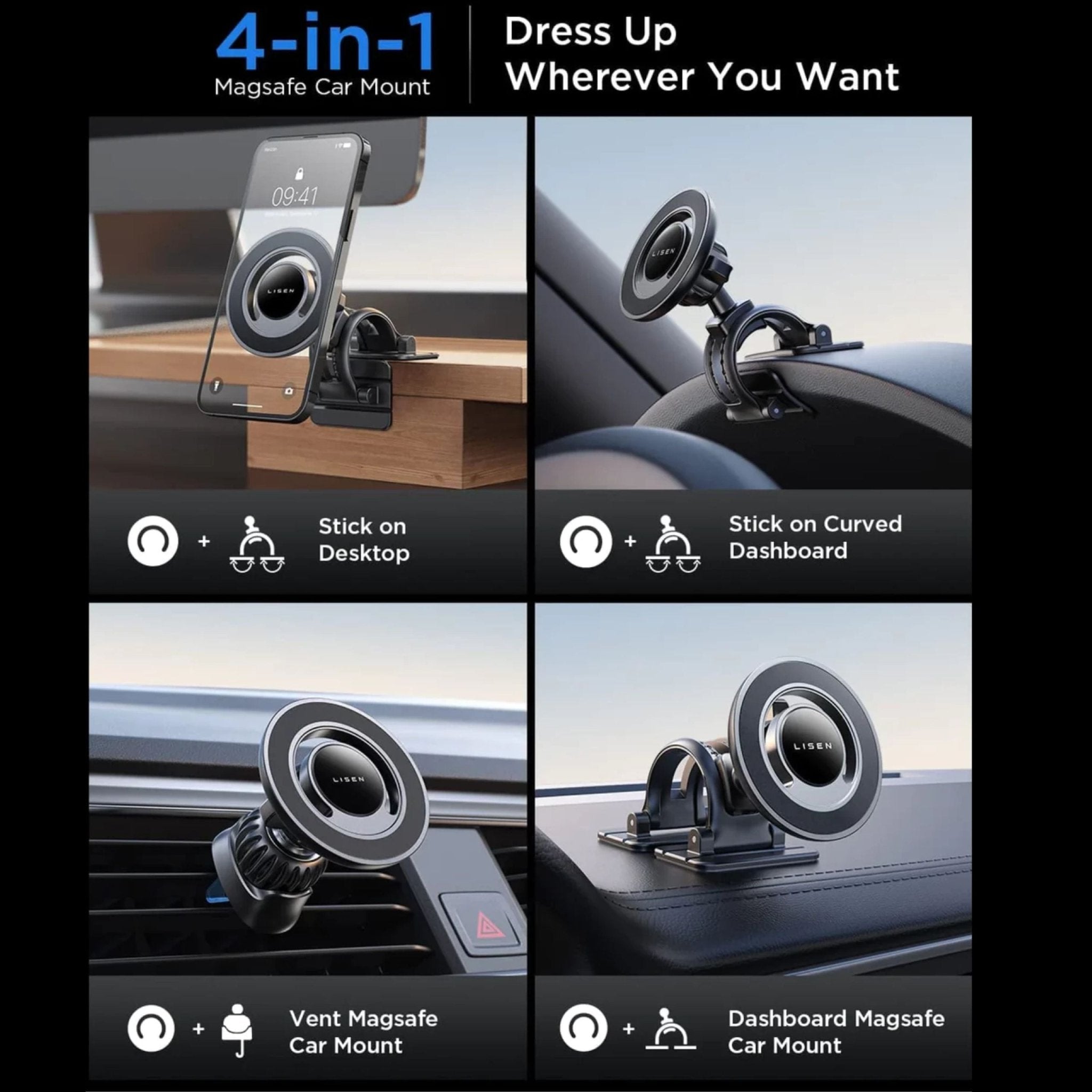 LISEN 2 in 1 Magsafe Car Phone Holder - Black