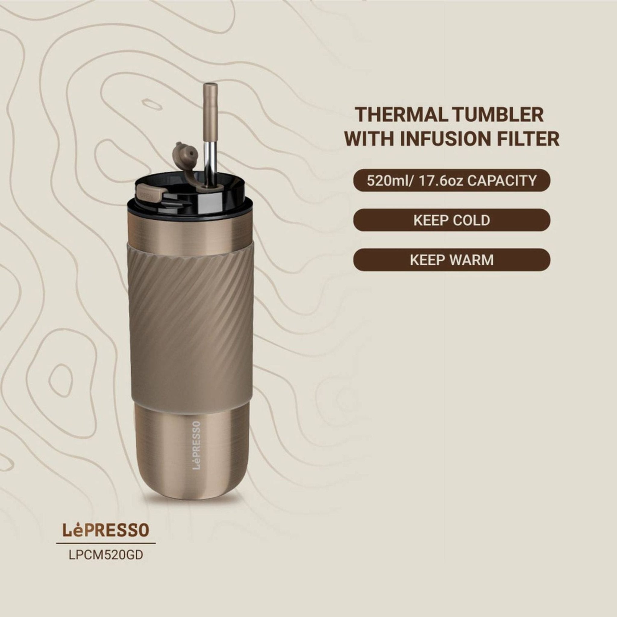 LePresso Coffee Mug with Sleeve and Reusable Straw 520ml - Gold