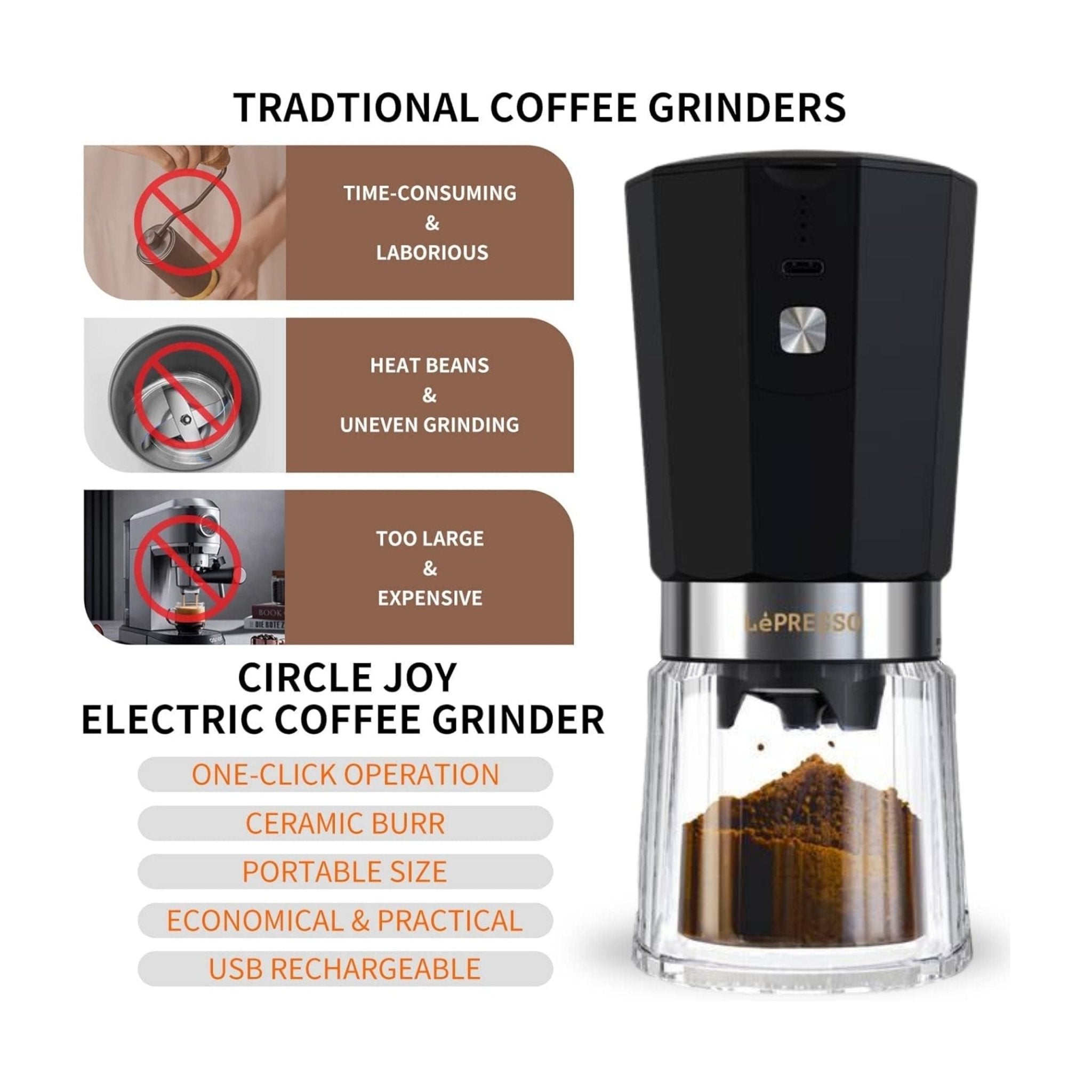 LePresso Cordless Electric Conical Burr Grinder - Black