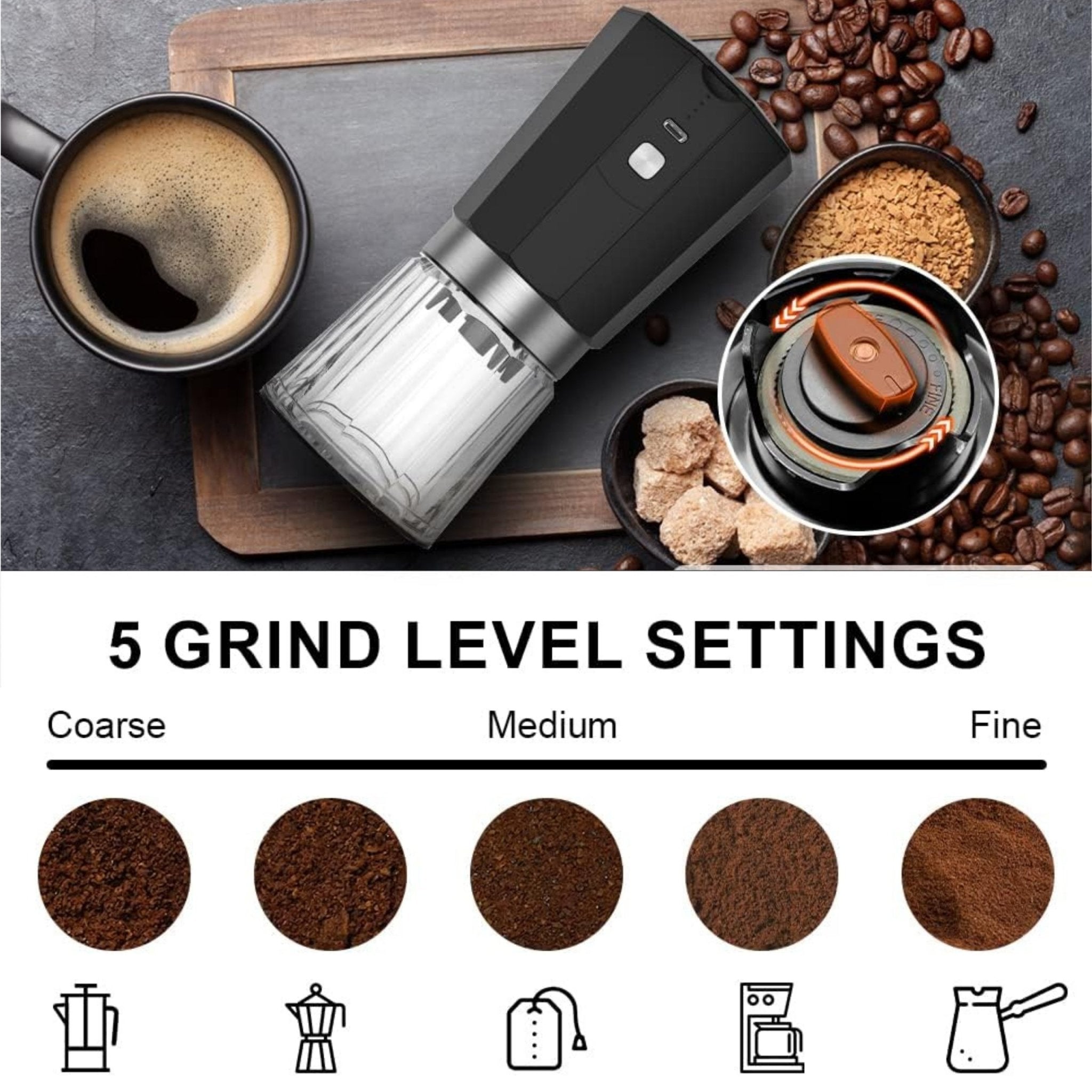 LePresso Cordless Electric Conical Burr Grinder - Black