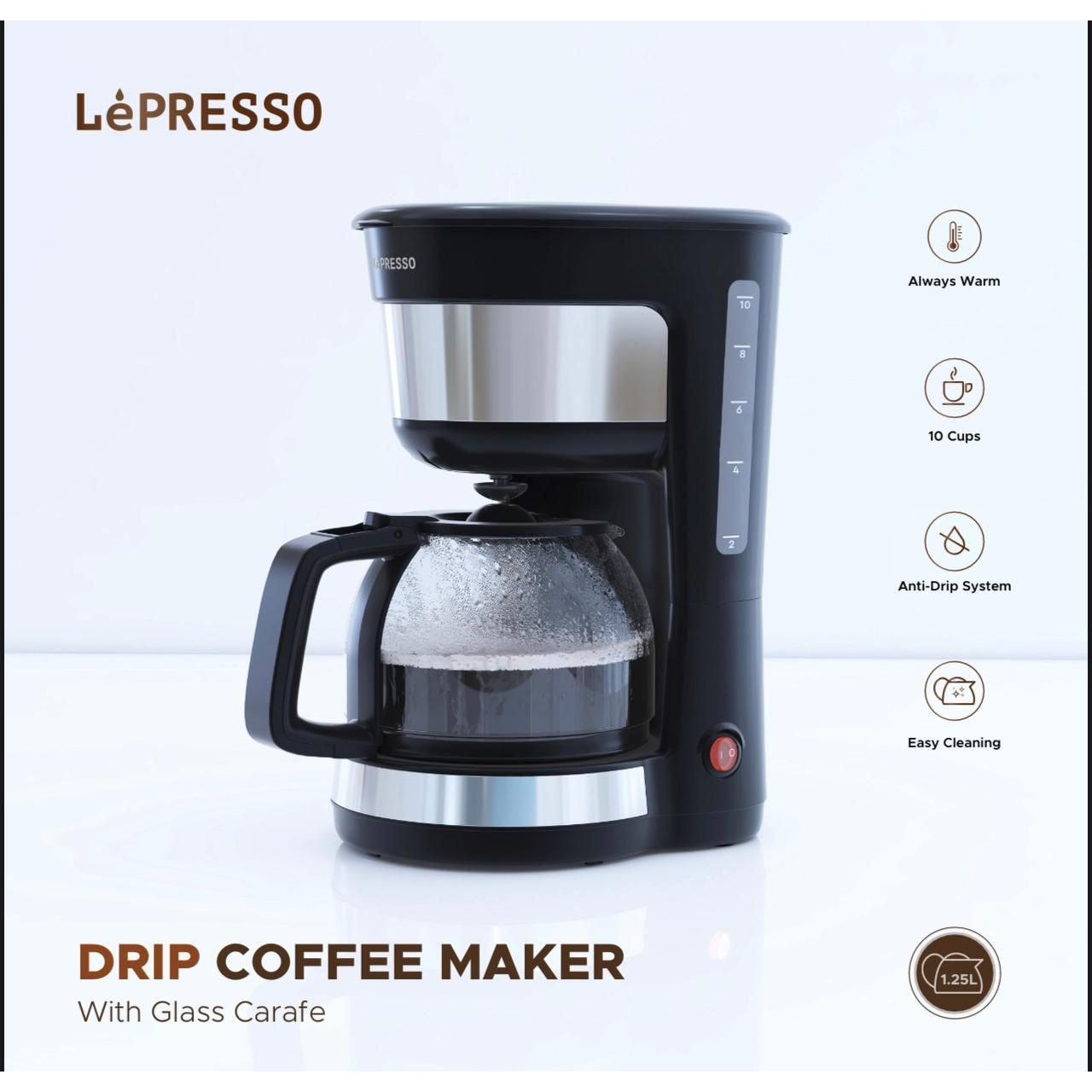 LePresso Drip Coffee Maker with Glass Carafe 1.25L 1000W (LPDCMBK) - Black