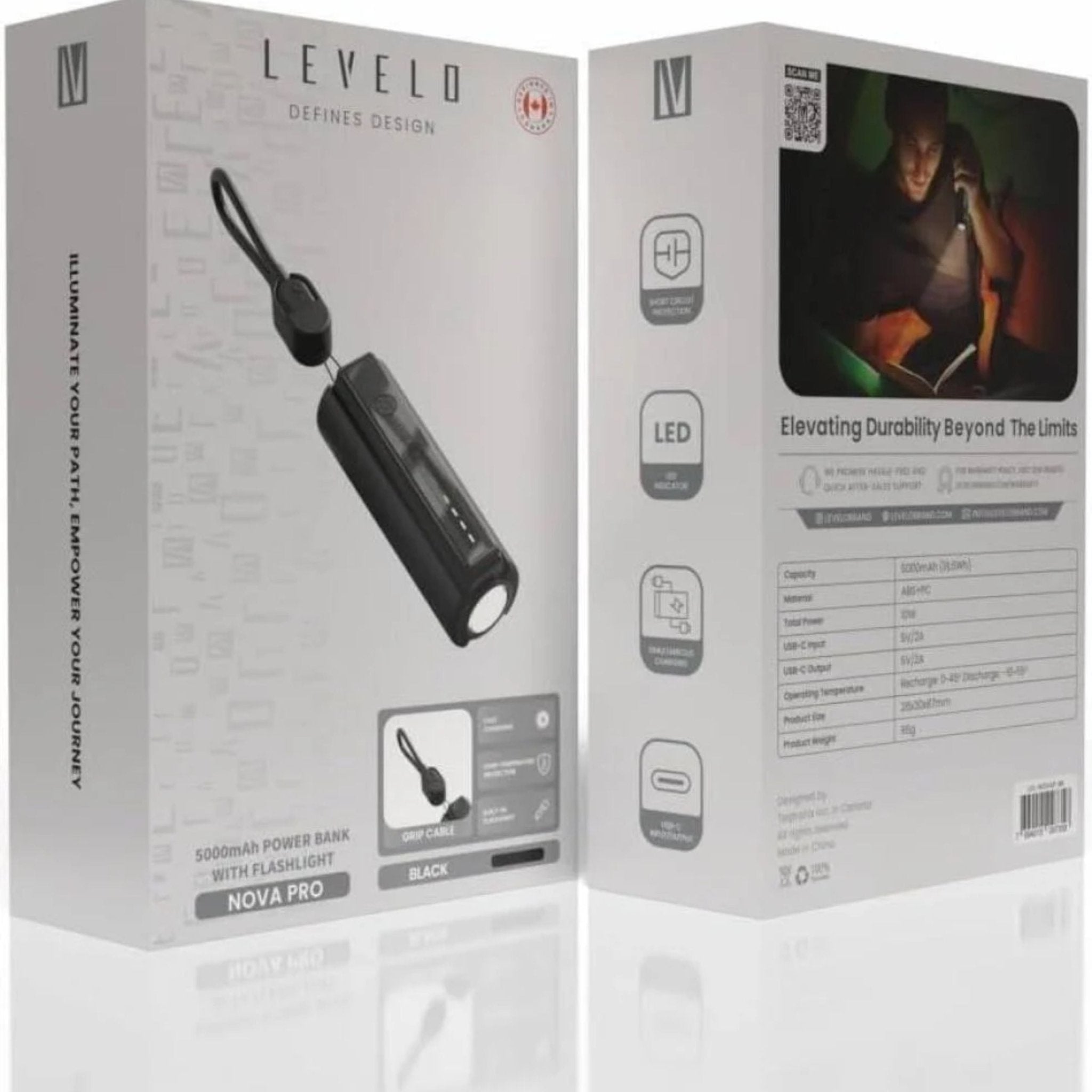 Levelo Nova Pro Power Bank With Flashlight 5000mAh - Black