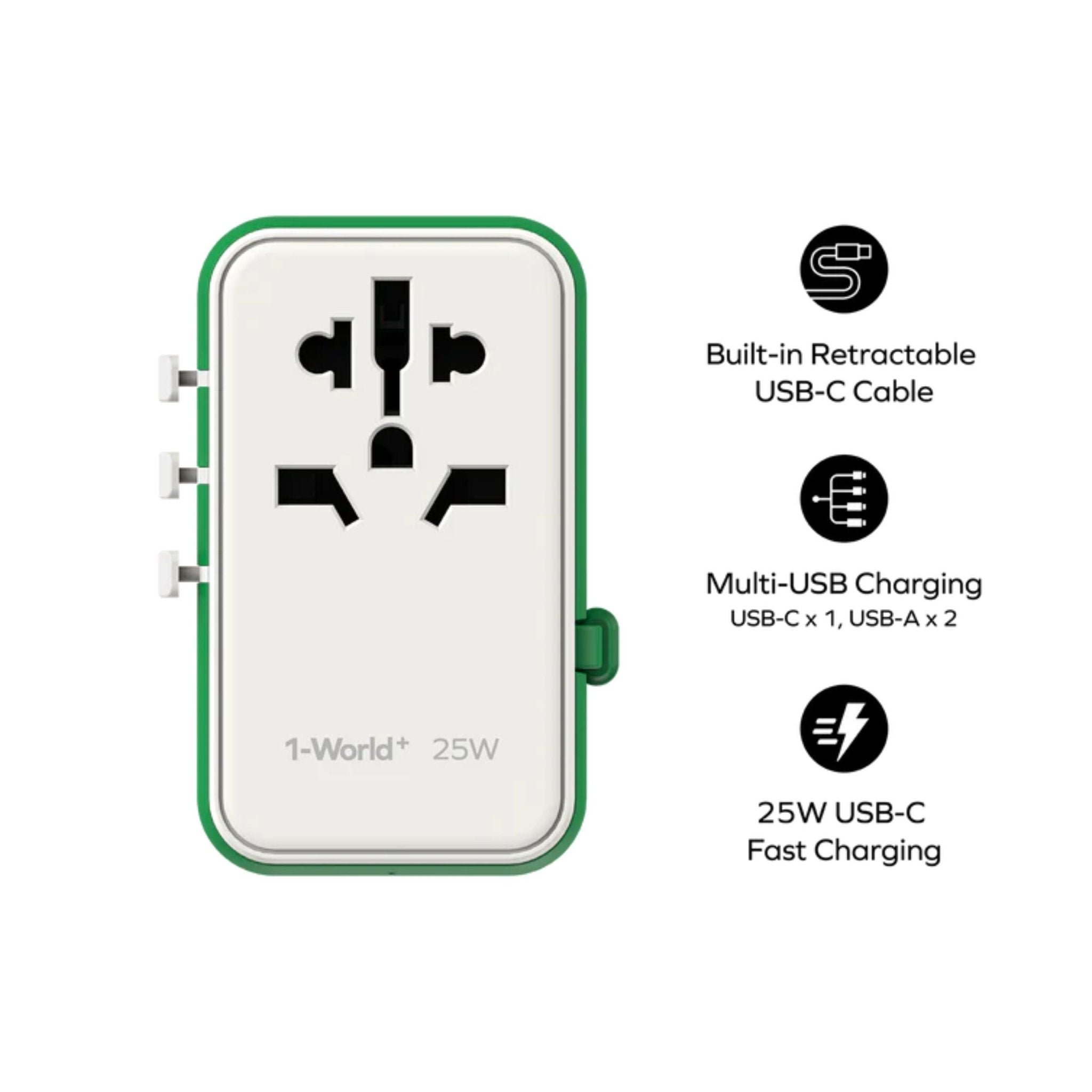 Momax 1-World PD Global Travel Fast Charging Adapter 25W 3 Port With Built-In USB-C Cable 70cm