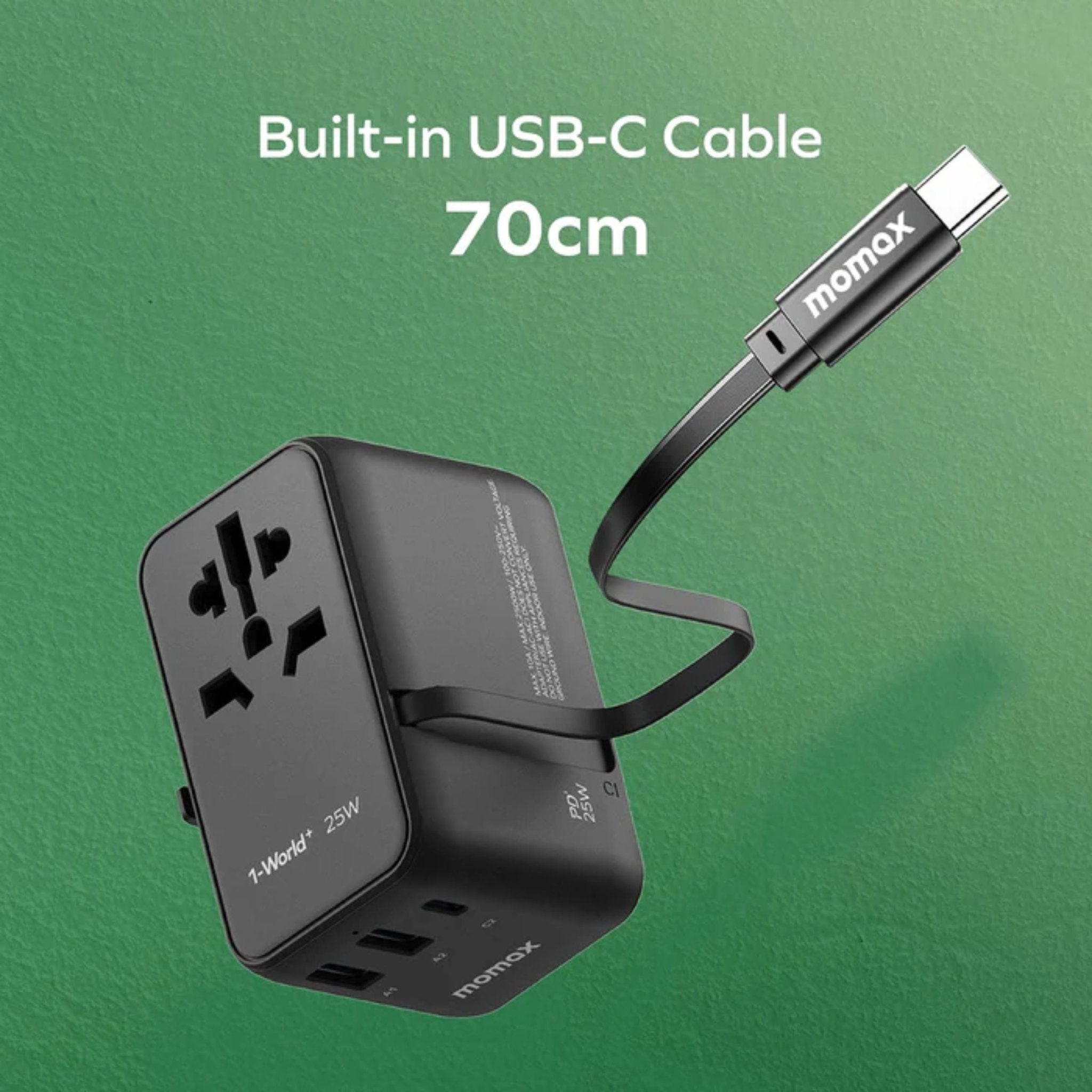 Momax 1-World PD Global Travel Fast Charging Adapter 25W 3 Port With Built-In USB-C Cable 70cm