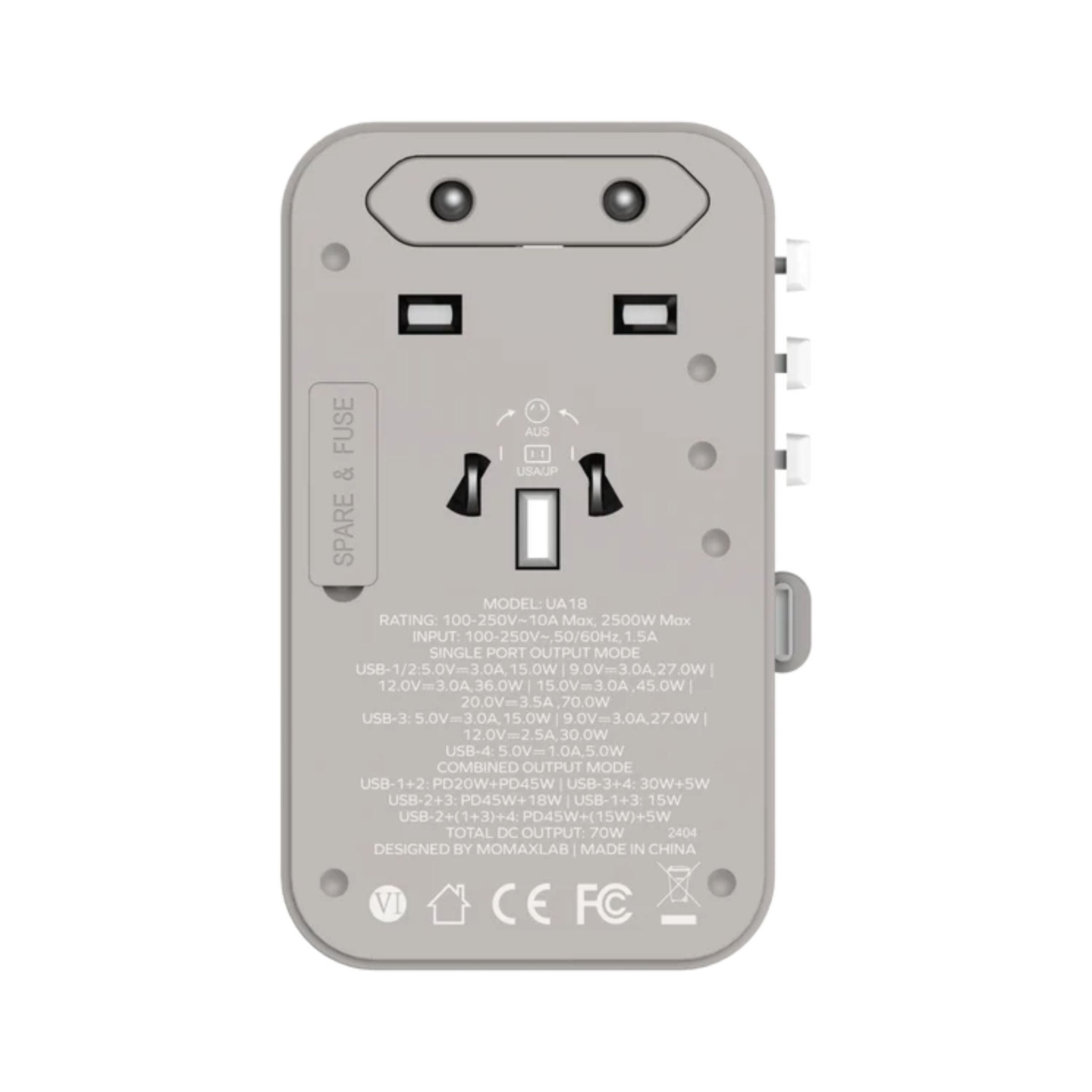 Momax 1-World PD Global Travel Fast Charging Adapter 70W 3 Port With Built-In USB-C Cable 70cm