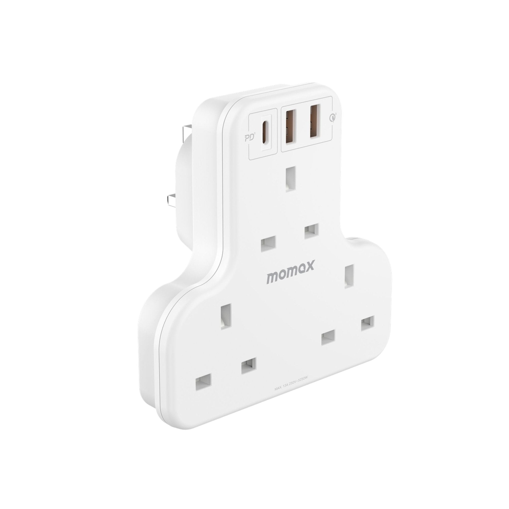 Momax Oneplug 3-Outlet T-Shaped Extension Socket With USB - White