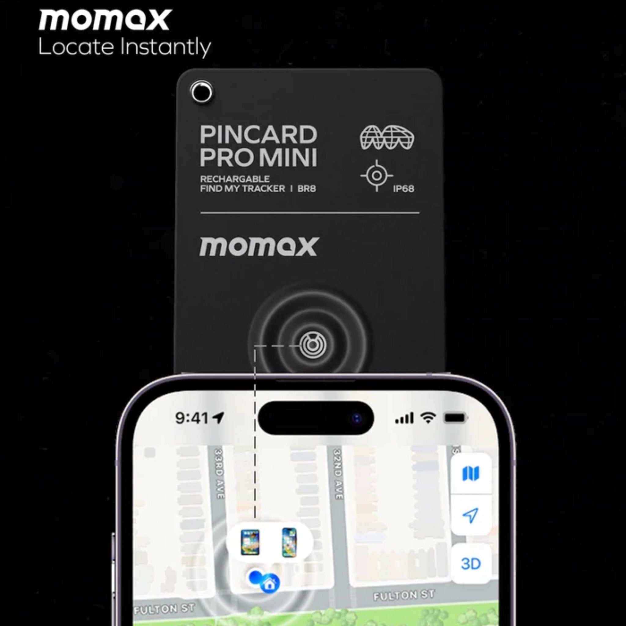 Momax Pincard Pro Mini Rechargeable Find My Tracker BR8 - Black