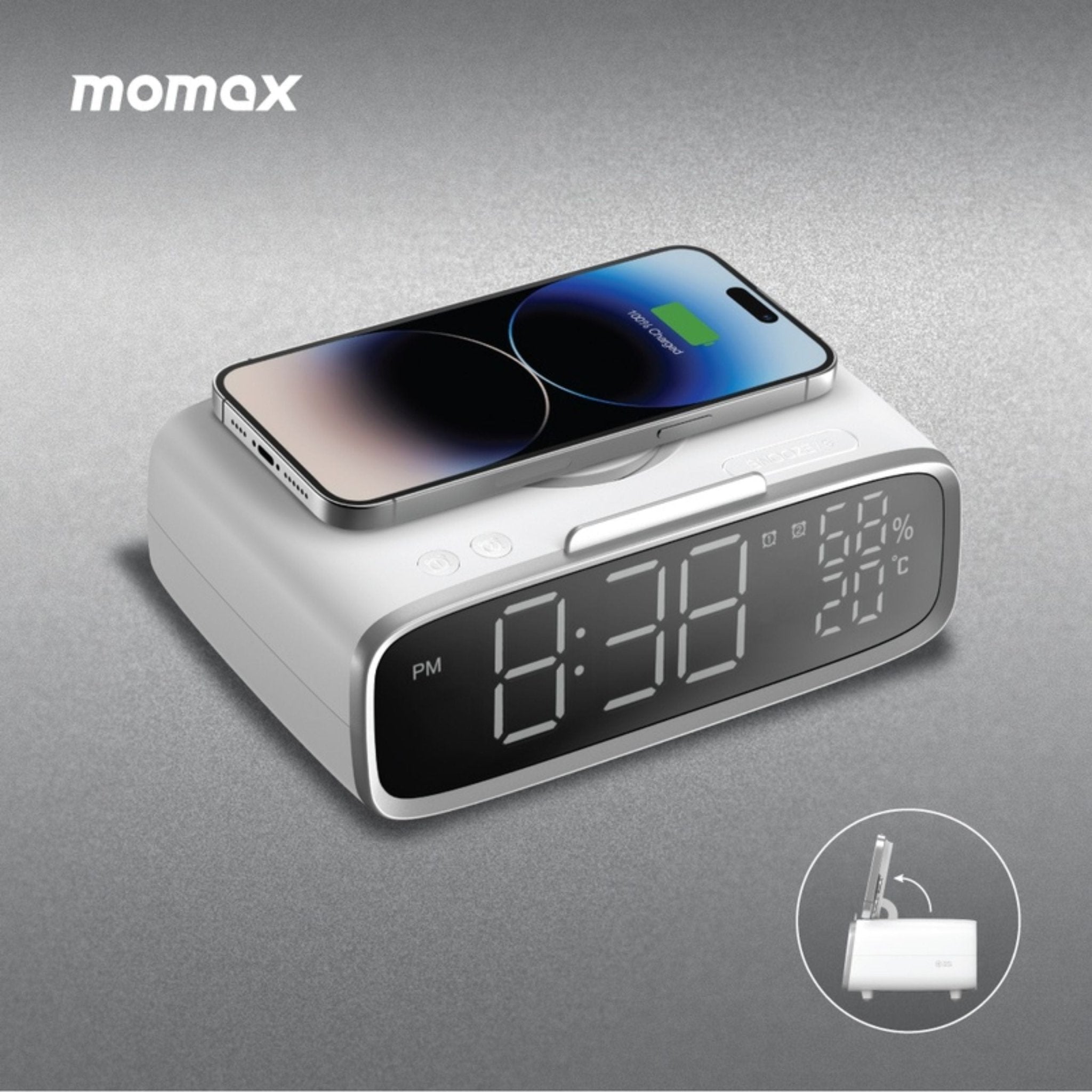 Momax Q.Clock 5 Digital Clock With Wireless Charger - White