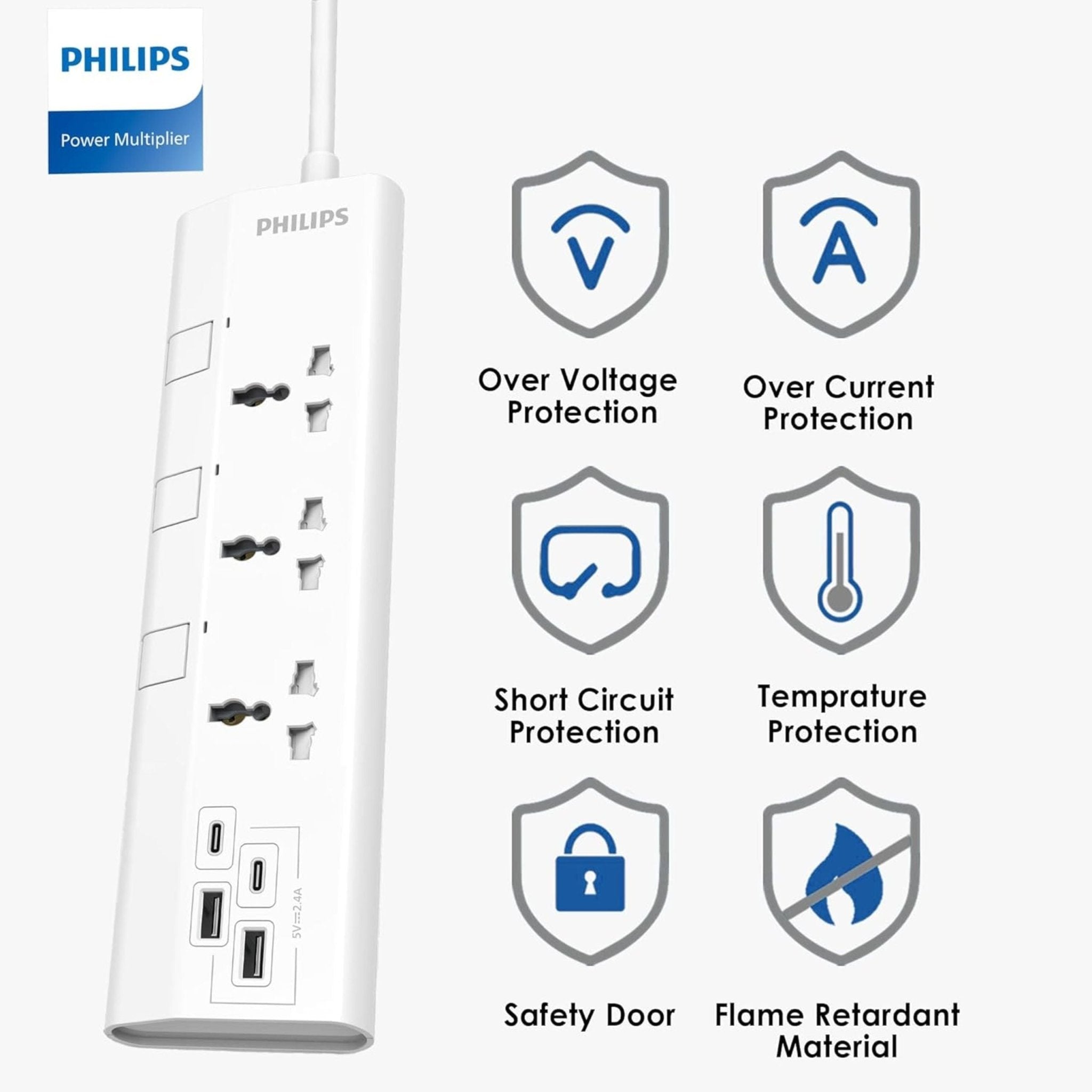 Philips 3-Way 2 USB-C, 2 USB-A Universal Power Extension Cord 1.5M with Individual Switches - White