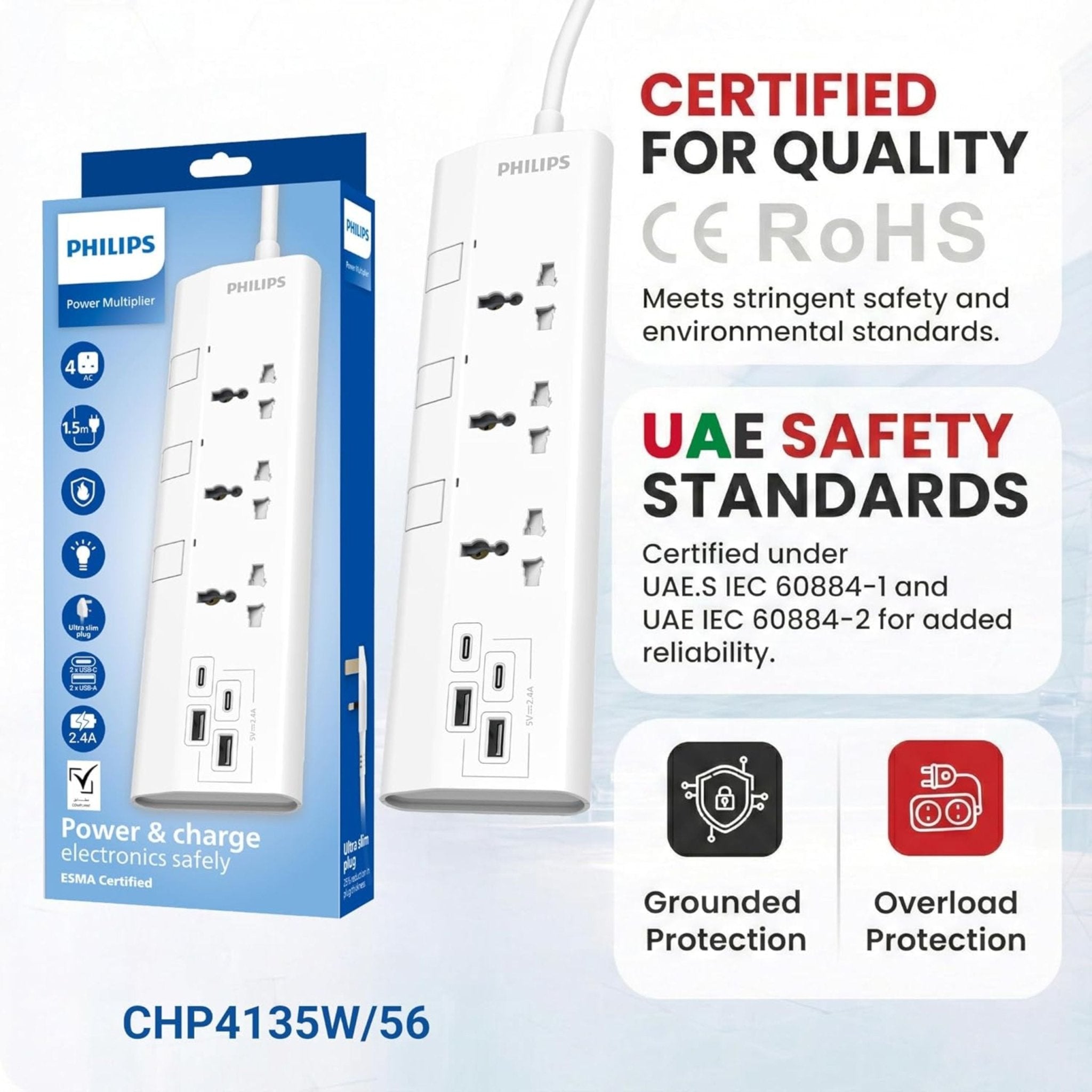 Philips 3-Way 2 USB-C, 2 USB-A Universal Power Extension Cord 1.5M with Individual Switches - White