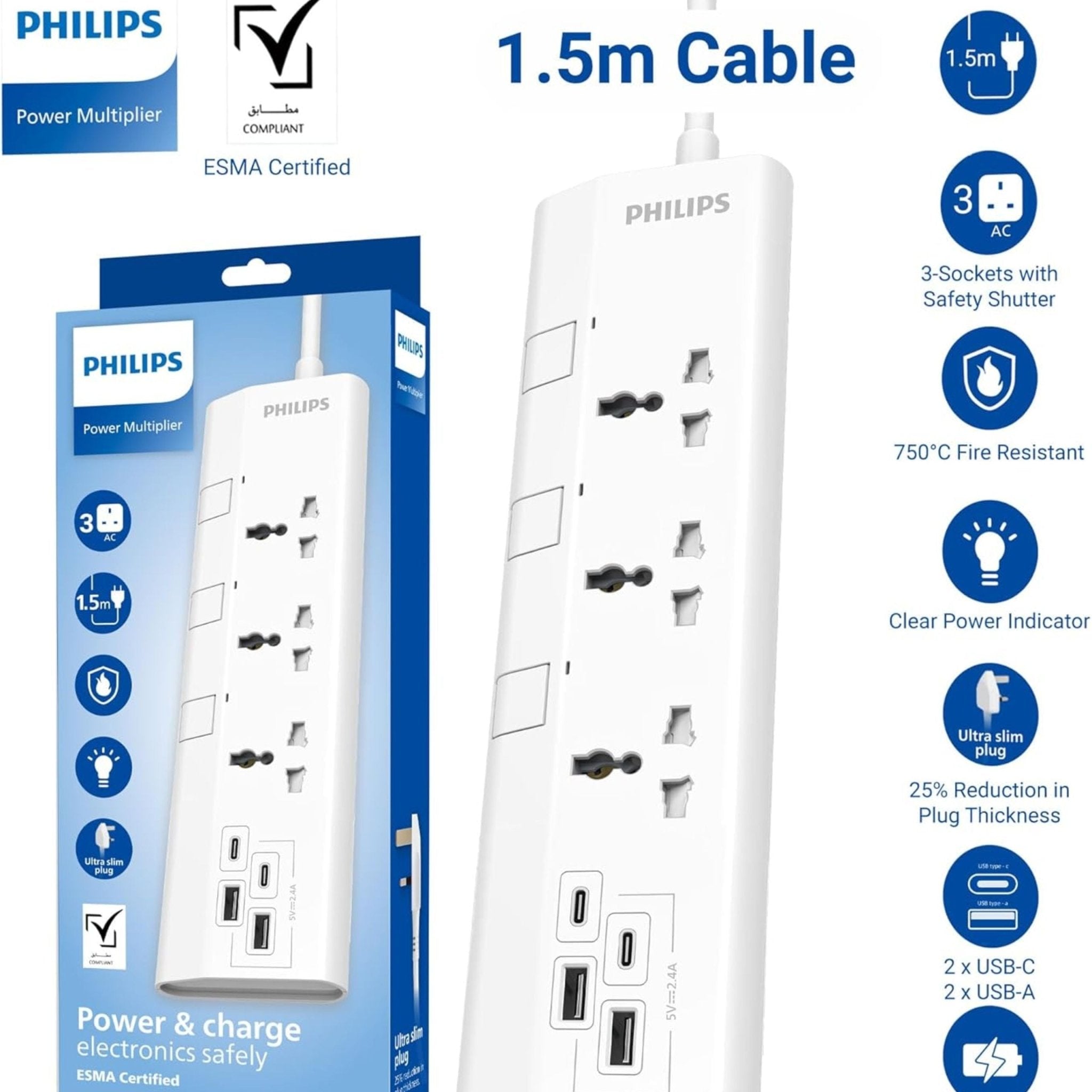 Philips 3-Way 2 USB-C, 2 USB-A Universal Power Extension Cord 1.5M with Individual Switches - White