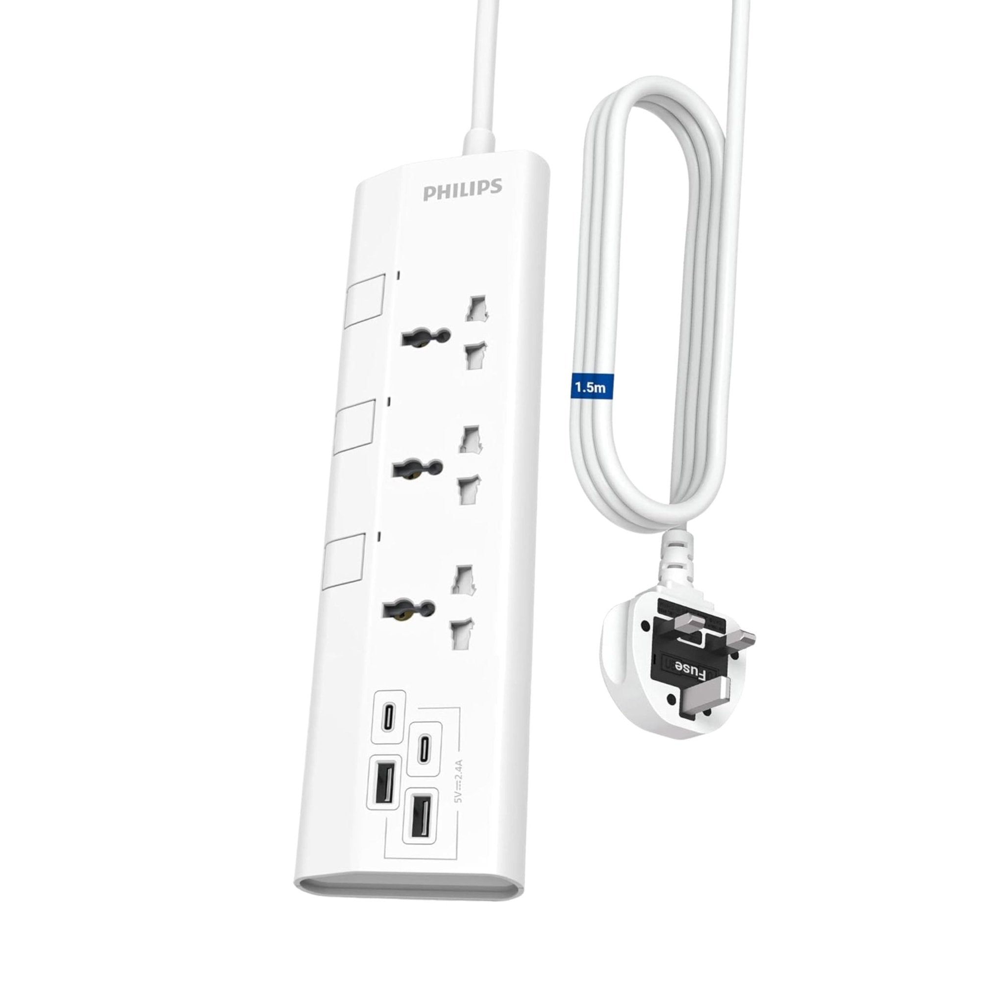Philips 3-Way 2 USB-C, 2 USB-A Universal Power Extension Cord 1.5M with Individual Switches - White