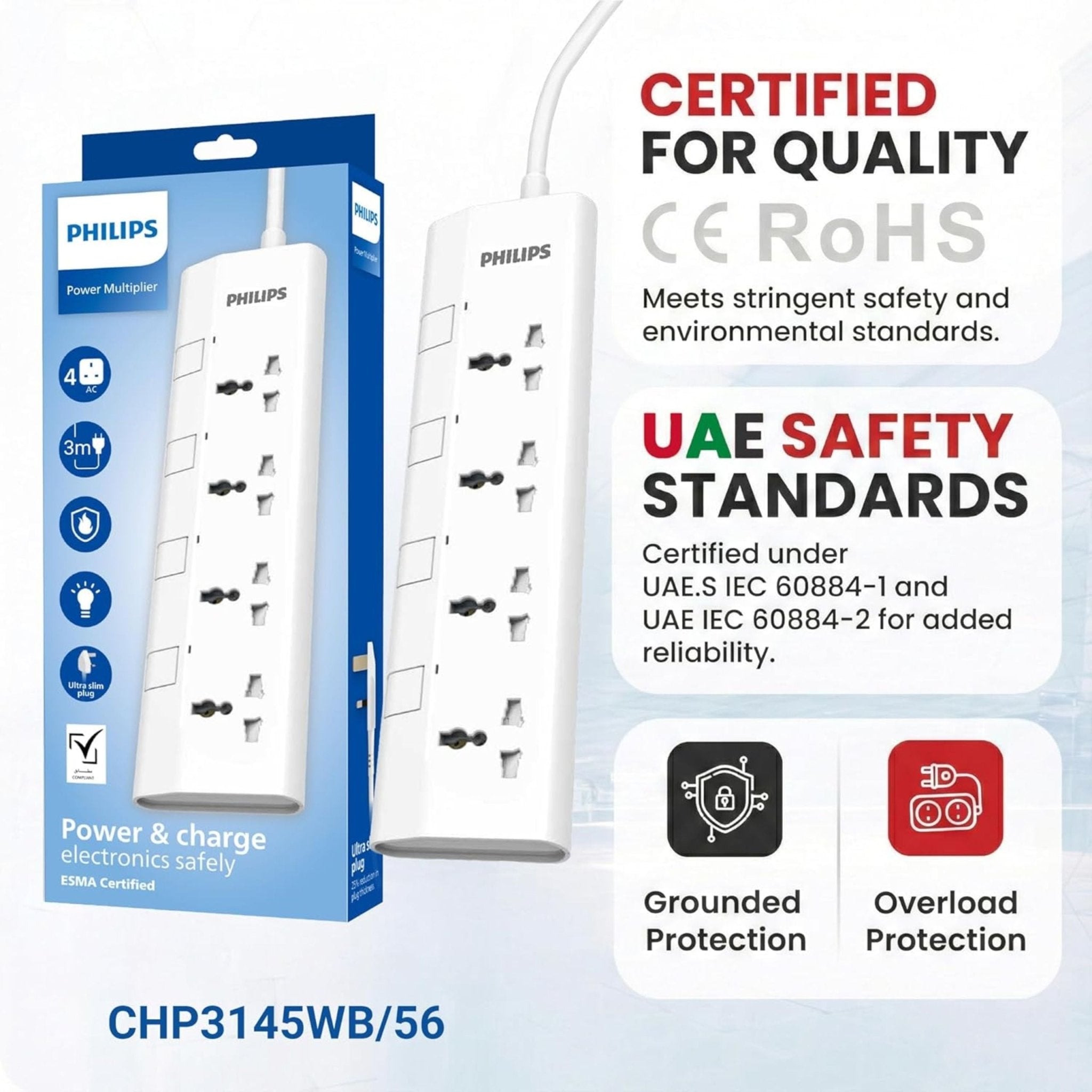 Philips 4-Way Universal Power Extension Cord 1.5M with Individual Switches - White