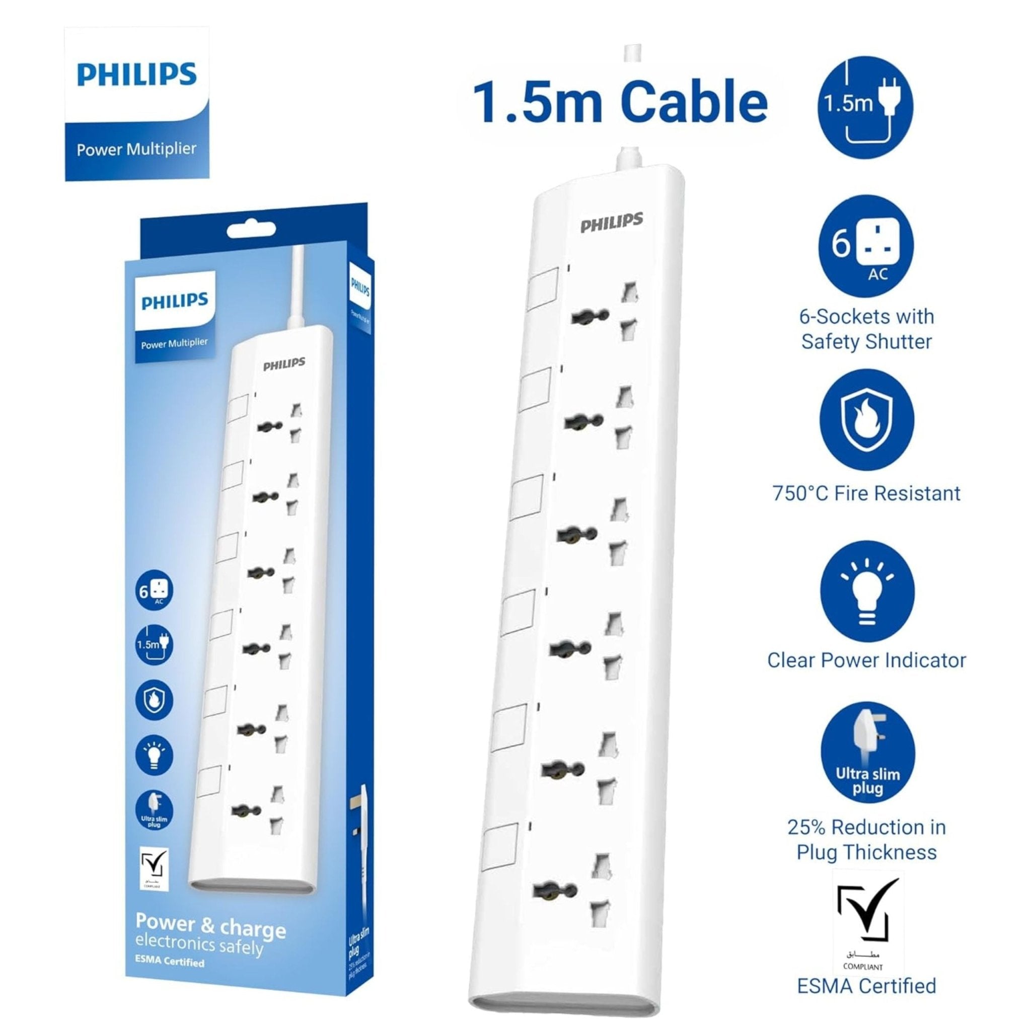 Philips 6-Way Universal Power Extension Cord 1.5M with Individual Switches - White