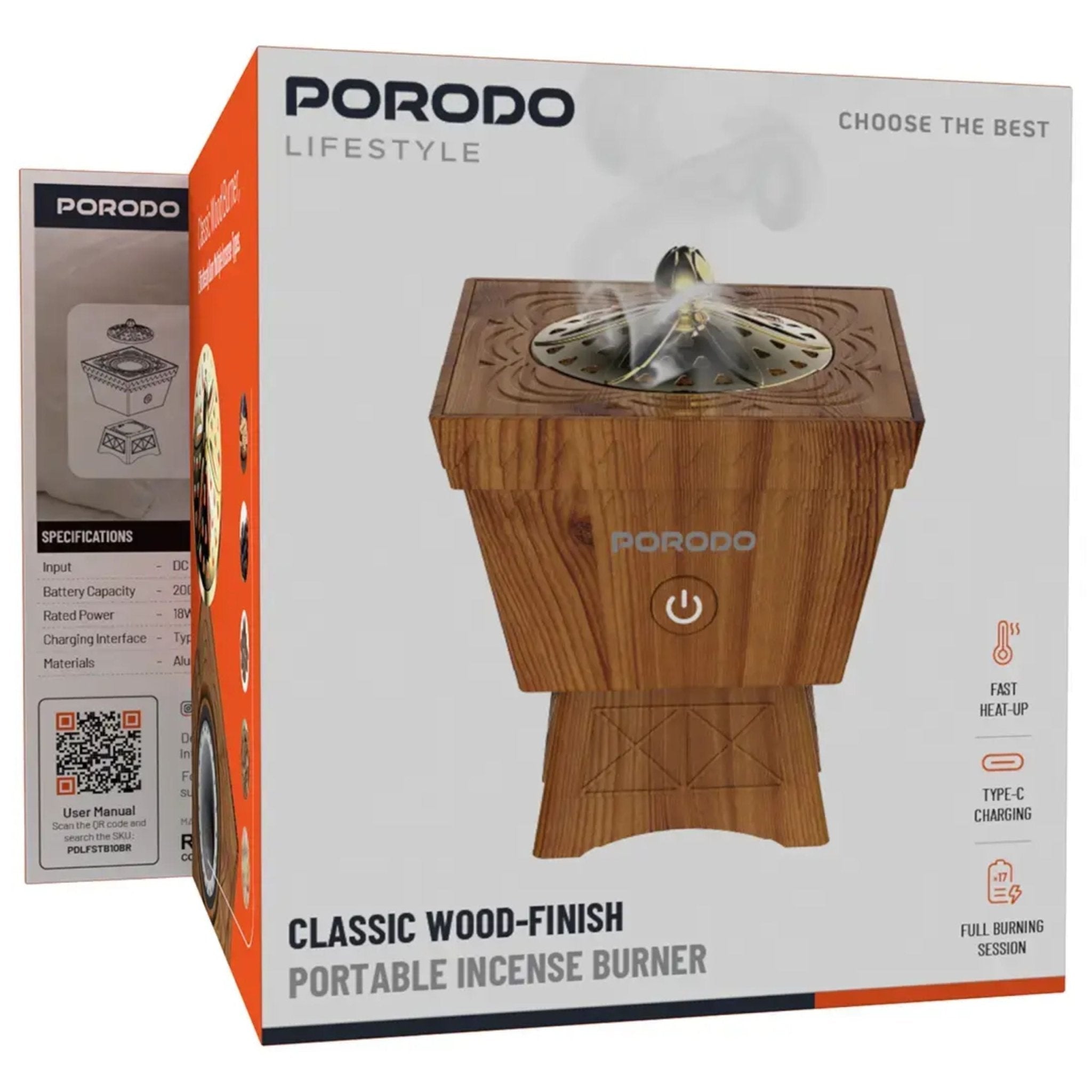 Porodo Lifestyle Classic Wood-Finish Portable Incense Burner - Brown